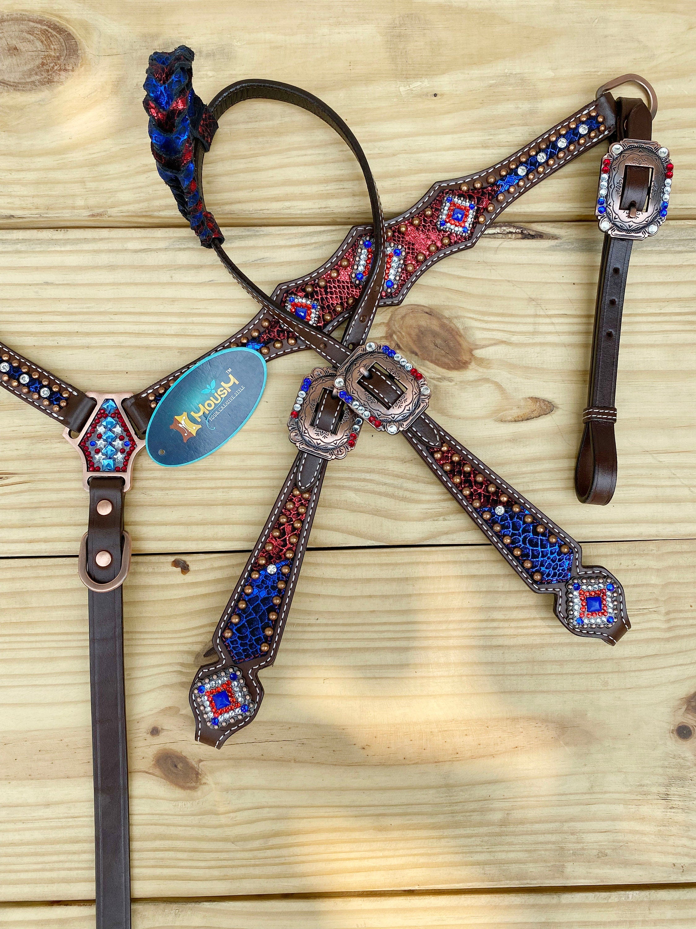 MOUSM 4th of July Western Headstall & Breast Collar Set – Patriotic Headstall Tack Decorated With Snake-Textured Leather, Shining USA Flag Color Inlay, Copper Studs, and Sparkling Rhinestones
