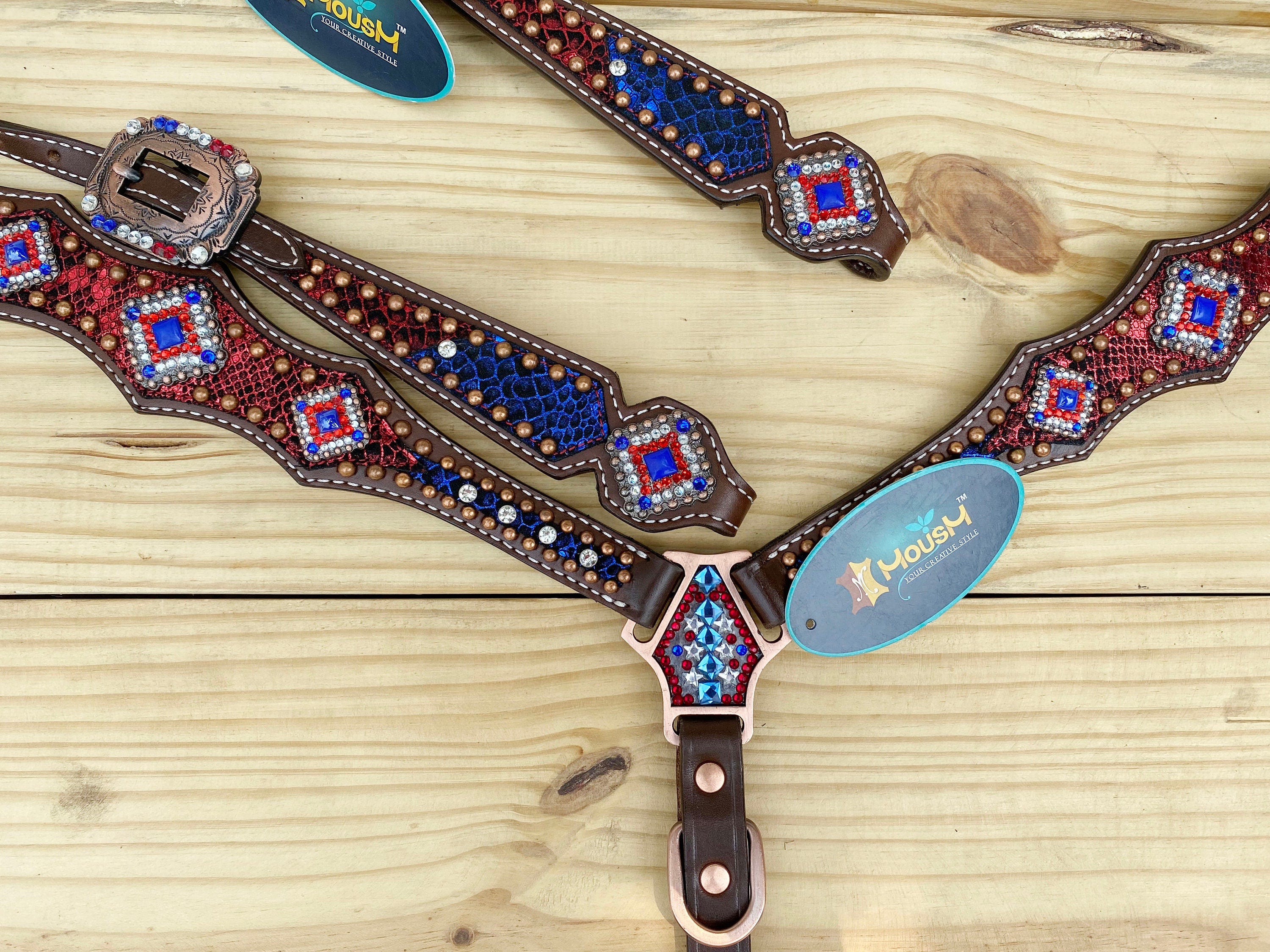 MOUSM 4th of July Western Headstall & Breast Collar Set – Patriotic Headstall Tack Decorated With Snake-Textured Leather, Shining USA Flag Color Inlay, Copper Studs, and Sparkling Rhinestones