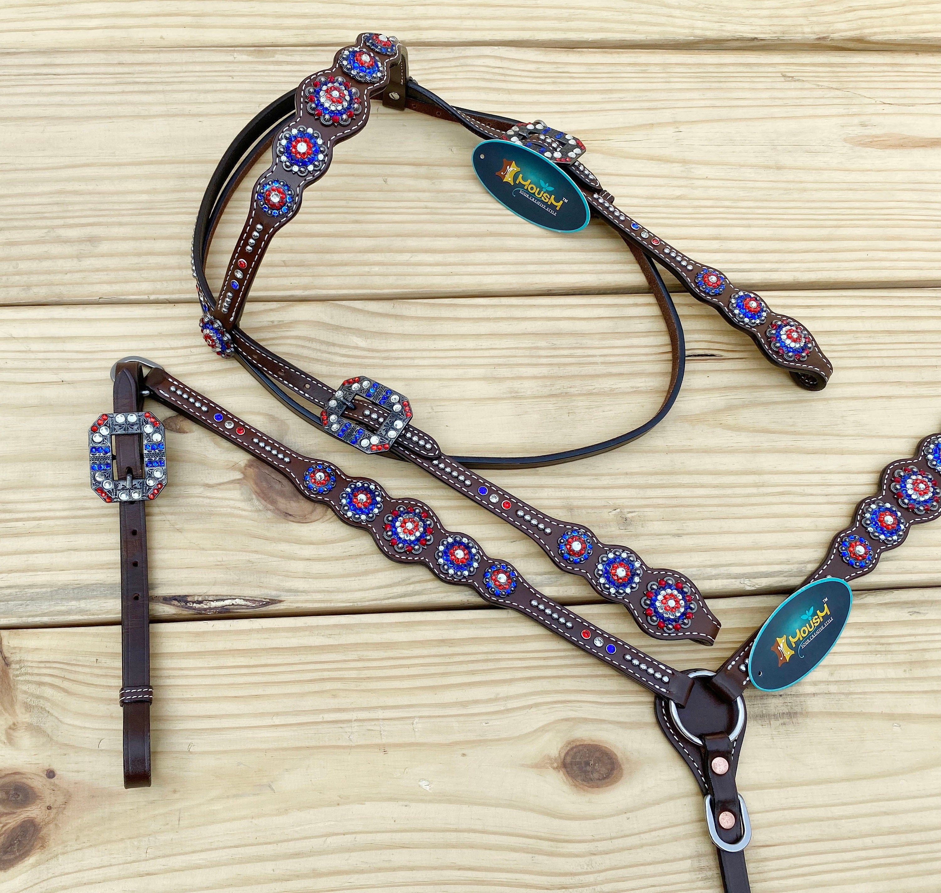 MOUSM 4th of July Western Headstall & Breast Collar Set – Independence Western Headstall Tack with Classy Look Patriotic USA Flag Design