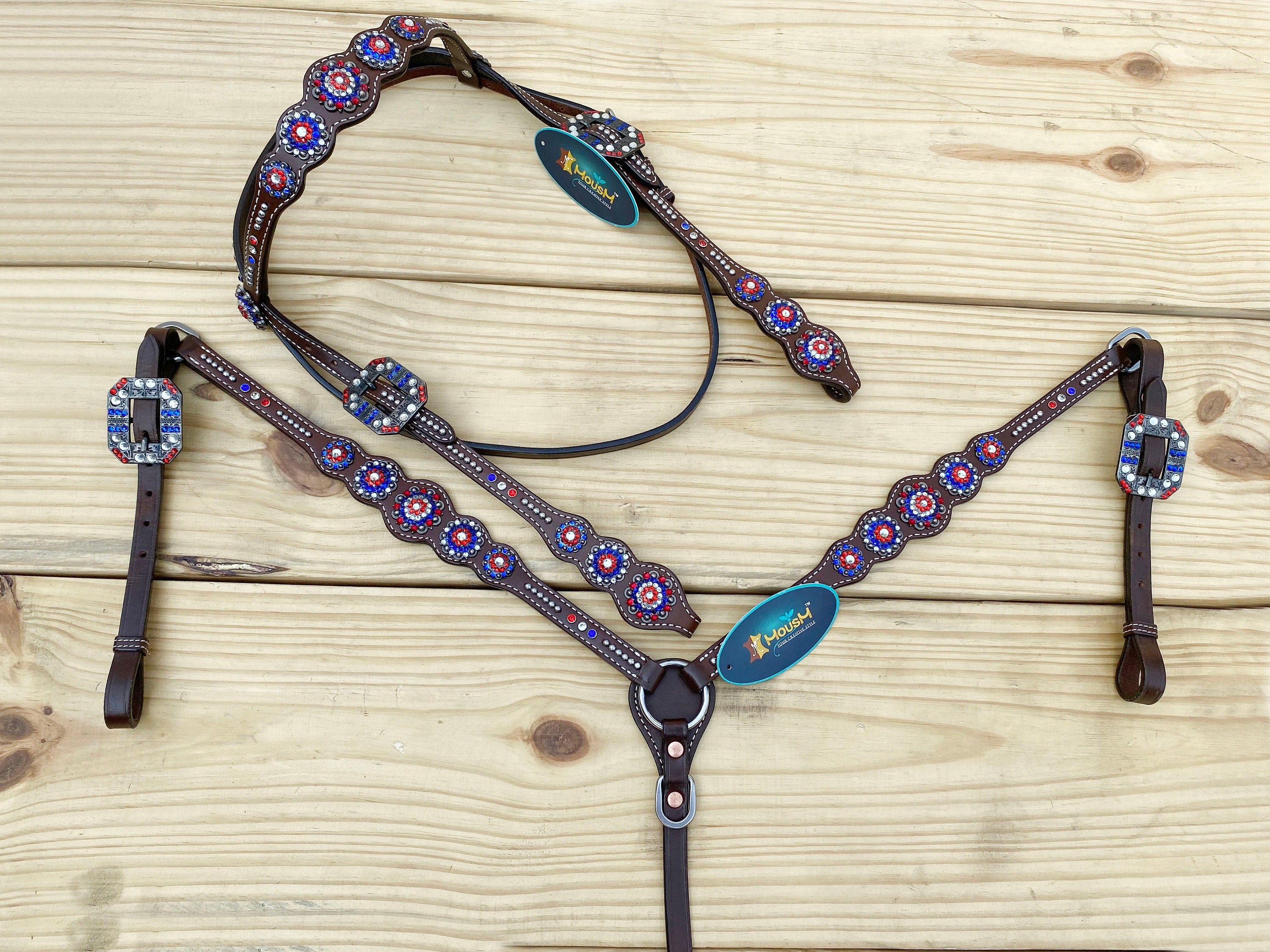 MOUSM 4th of July Western Headstall & Breast Collar Set – Independence Western Headstall Tack with Classy Look Patriotic USA Flag Design