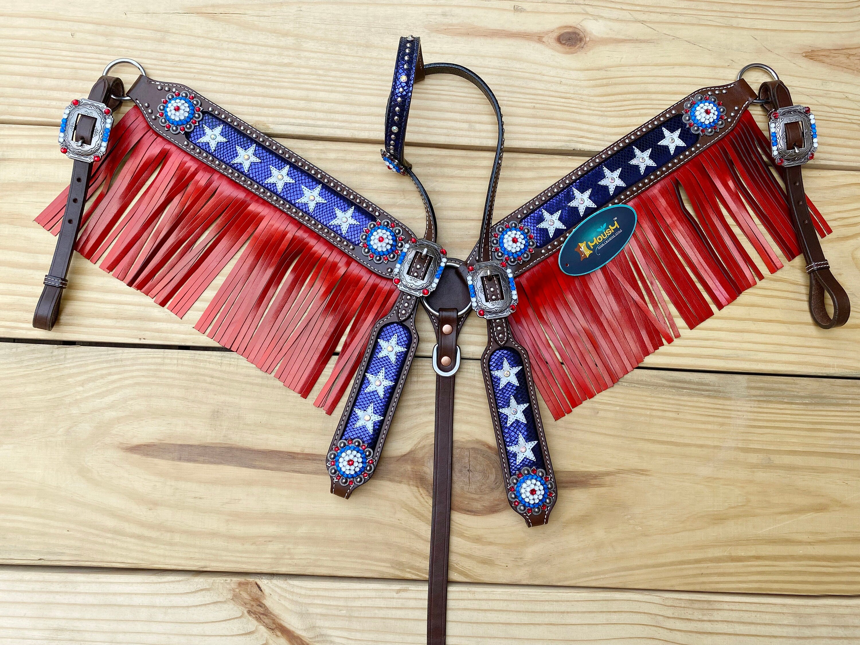 MOUSM 4th of July Western Bridles and Headstalls Set – Western Horse Tack Set Patriotic USA Flag Design with Red Fringe & Star Inlay