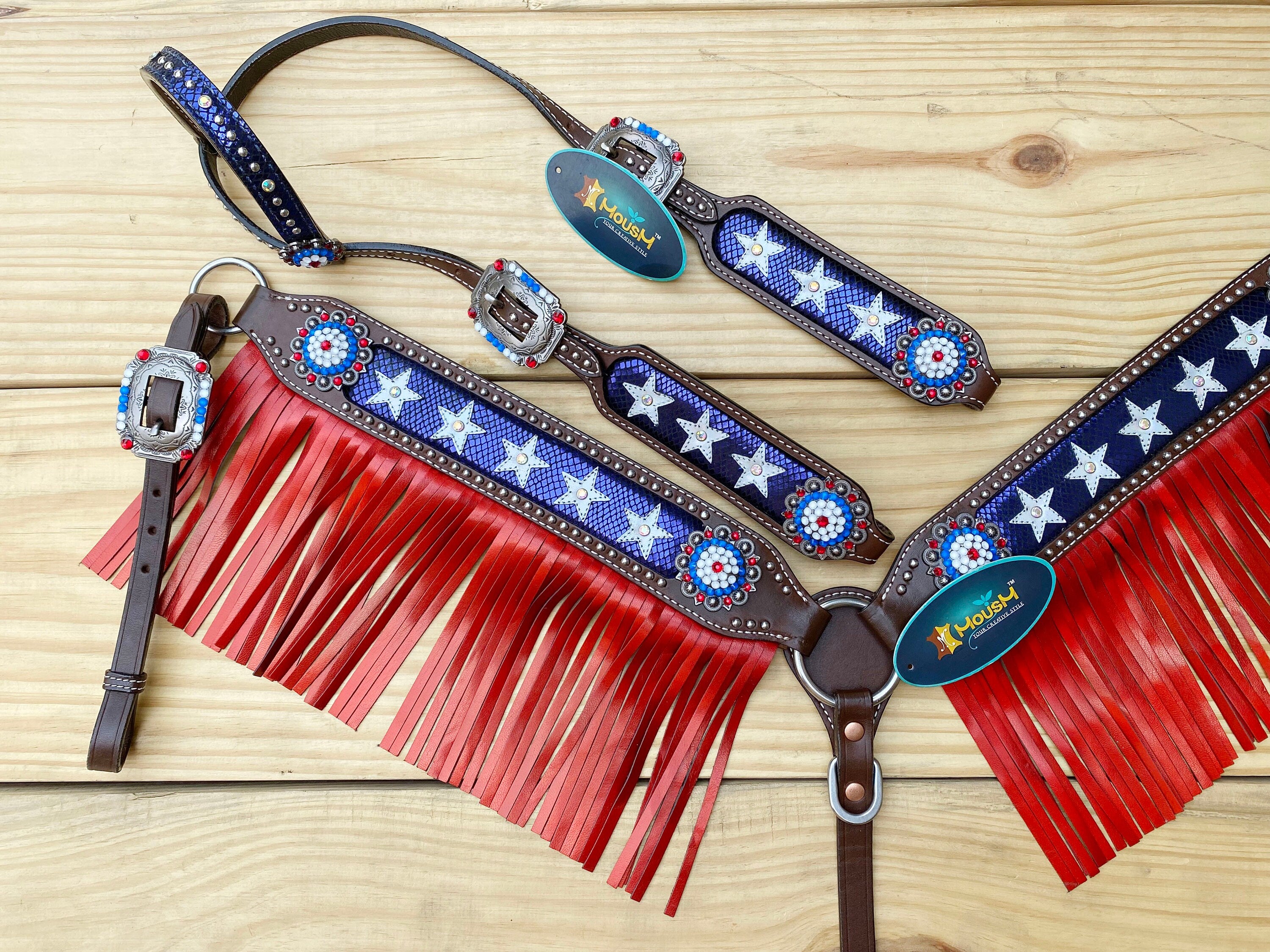MOUSM 4th of July Western Bridles and Headstalls Set – Western Horse Tack Set Patriotic USA Flag Design with Red Fringe & Star Inlay