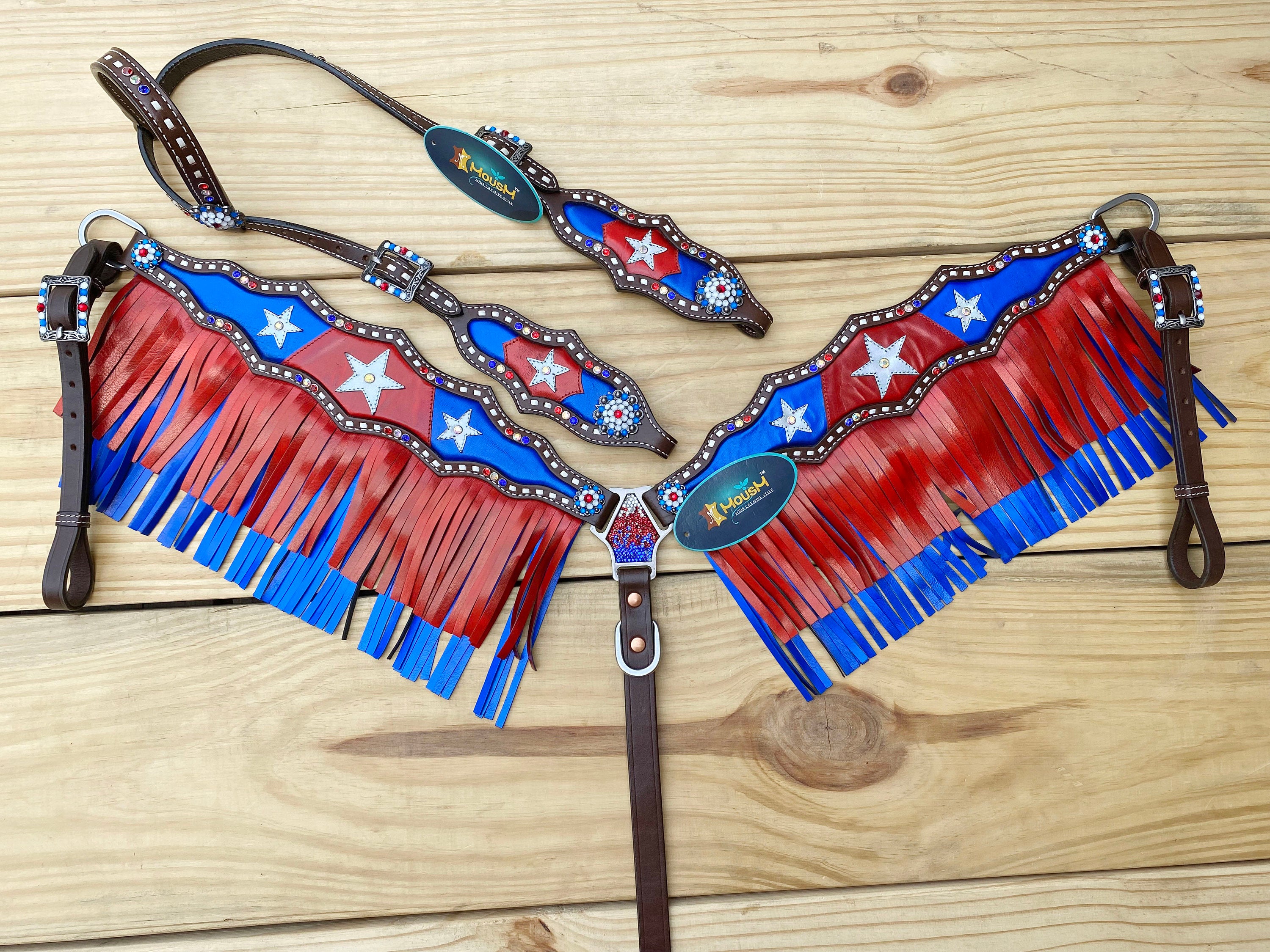 MOUSM 4th of July Western Headstall & Breast Collar Set – Independence Western Headstall Tack Patriotic USA Flag Design with Blue Inlay, Star Details & Red-Blue Fringe, Shining Rhinestones