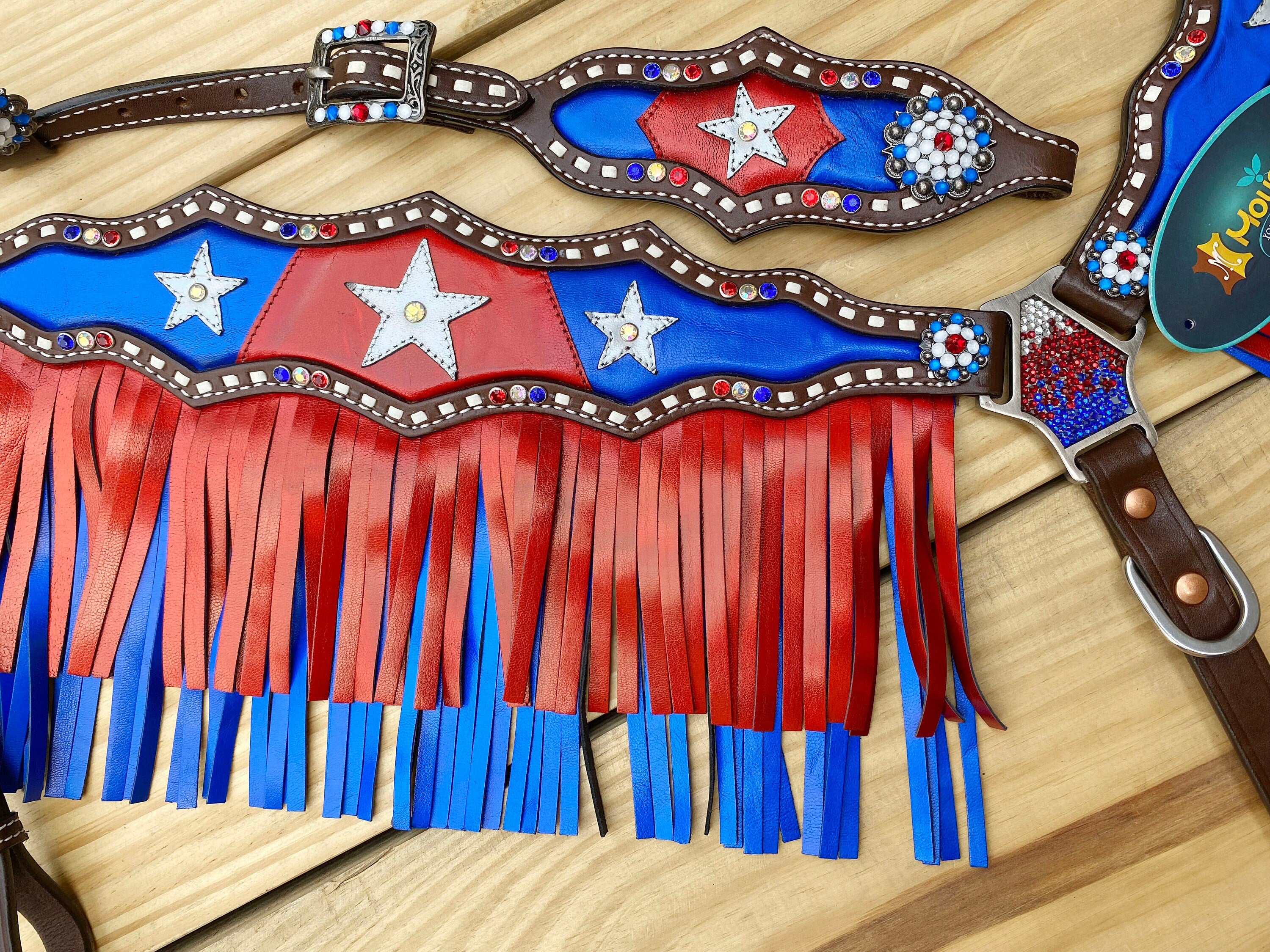 MOUSM 4th of July Western Headstall & Breast Collar Set – Independence Western Headstall Tack Patriotic USA Flag Design with Blue Inlay, Star Details & Red-Blue Fringe, Shining Rhinestones