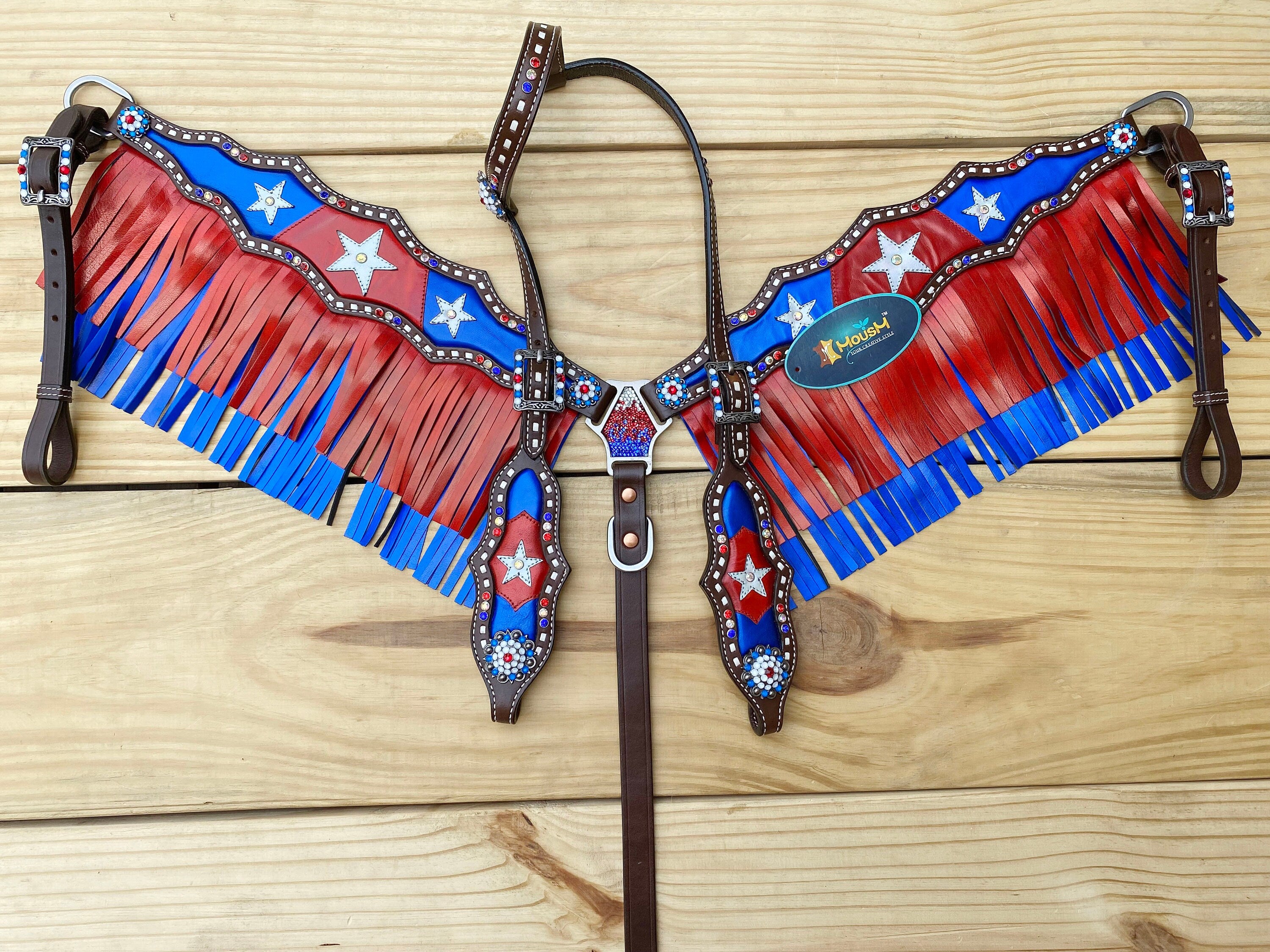 MOUSM 4th of July Western Headstall & Breast Collar Set – Independence Western Headstall Tack Patriotic USA Flag Design with Blue Inlay, Star Details & Red-Blue Fringe, Shining Rhinestones