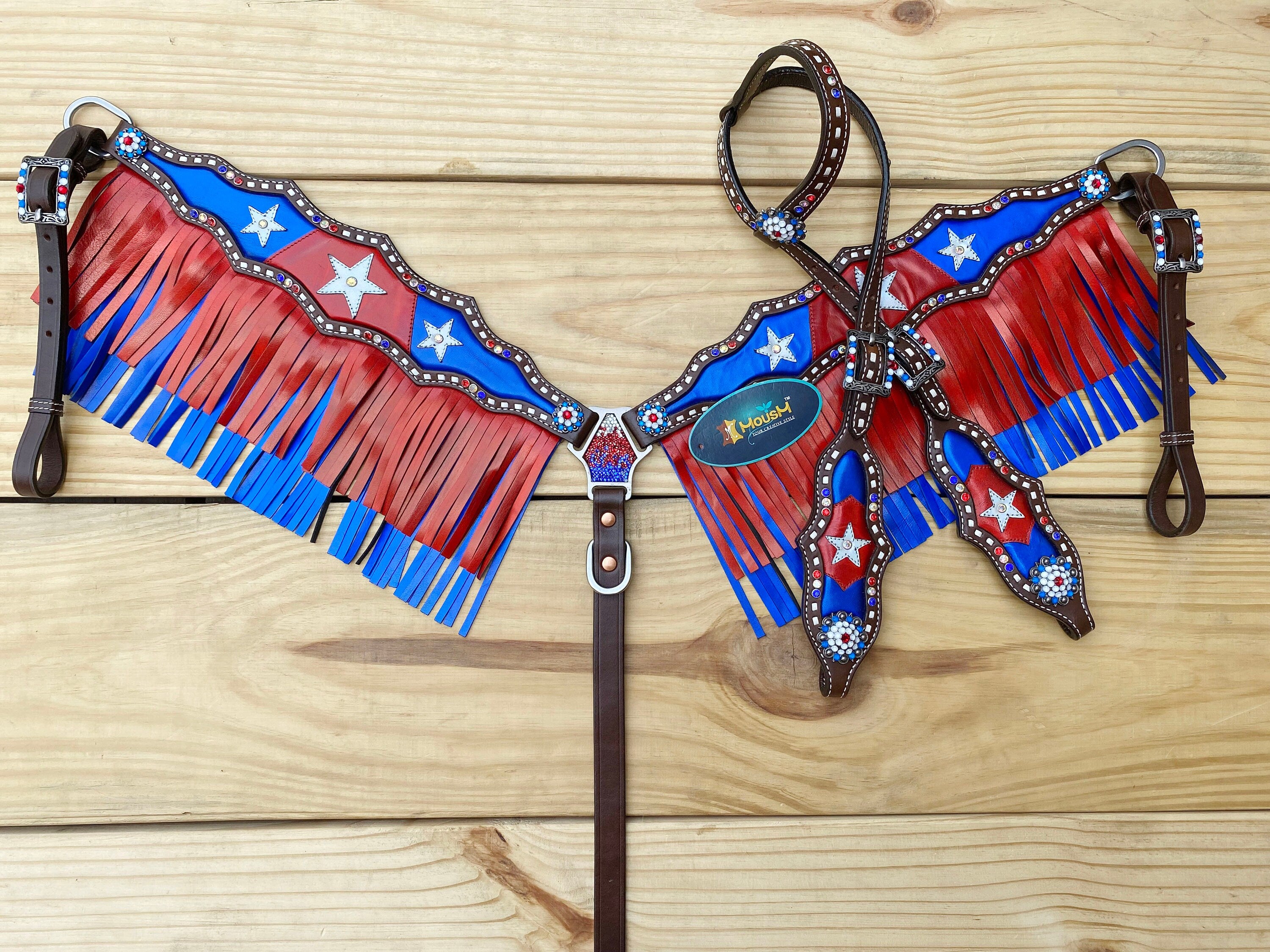 MOUSM 4th of July Western Headstall & Breast Collar Set – Independence Western Headstall Tack Patriotic USA Flag Design with Blue Inlay, Star Details & Red-Blue Fringe, Shining Rhinestones