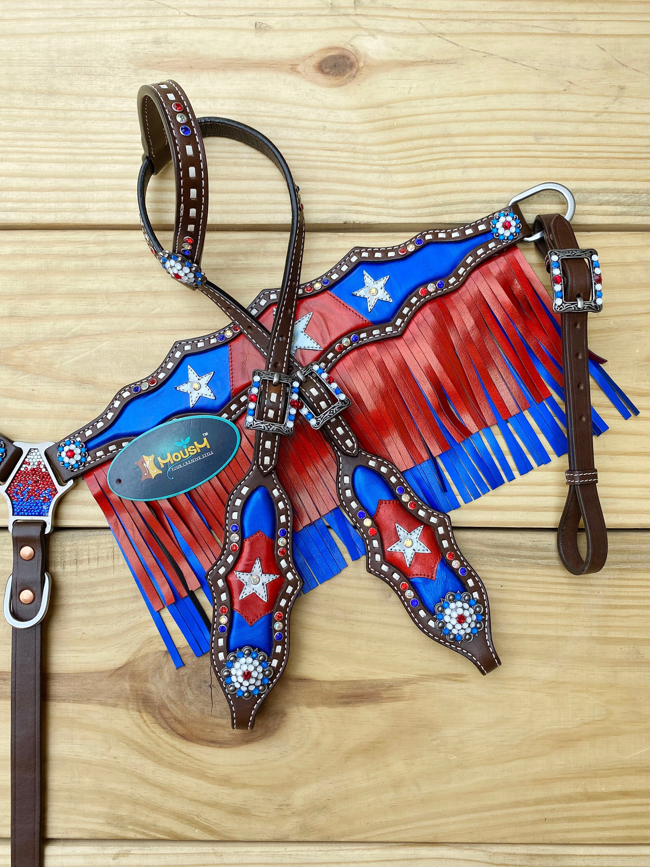 MOUSM 4th of July Western Headstall & Breast Collar Set – Independence Western Headstall Tack Patriotic USA Flag Design with Blue Inlay, Star Details & Red-Blue Fringe, Shining Rhinestones