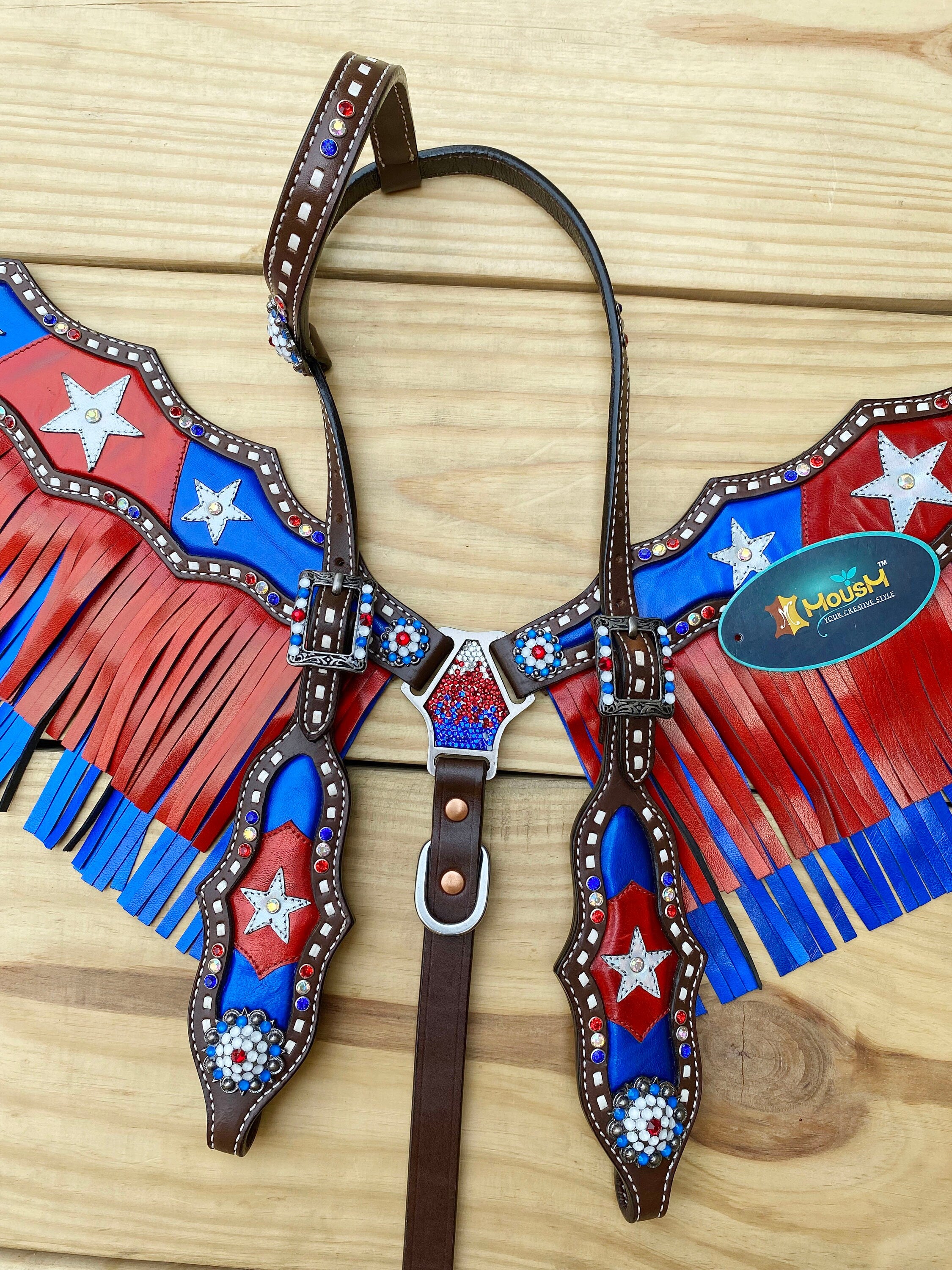 MOUSM 4th of July Western Headstall & Breast Collar Set – Independence Western Headstall Tack Patriotic USA Flag Design with Blue Inlay, Star Details & Red-Blue Fringe, Shining Rhinestones