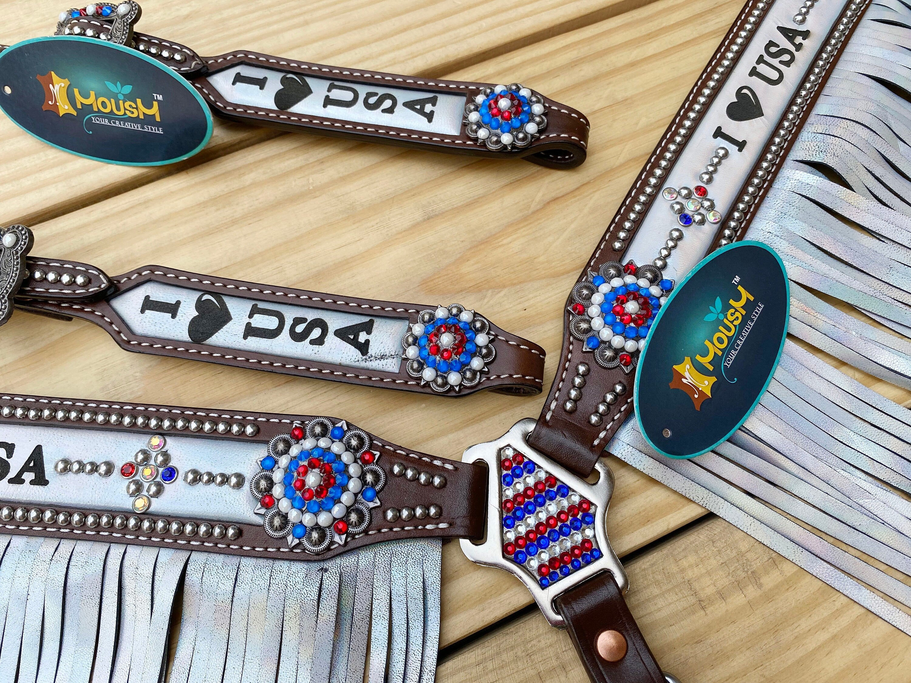 MOUSM 4th of July Western Headstall & Breast Collar Set – Independence Western Headstall Tack I LOVE USA Heart USA Flag Conchos and White Fringe