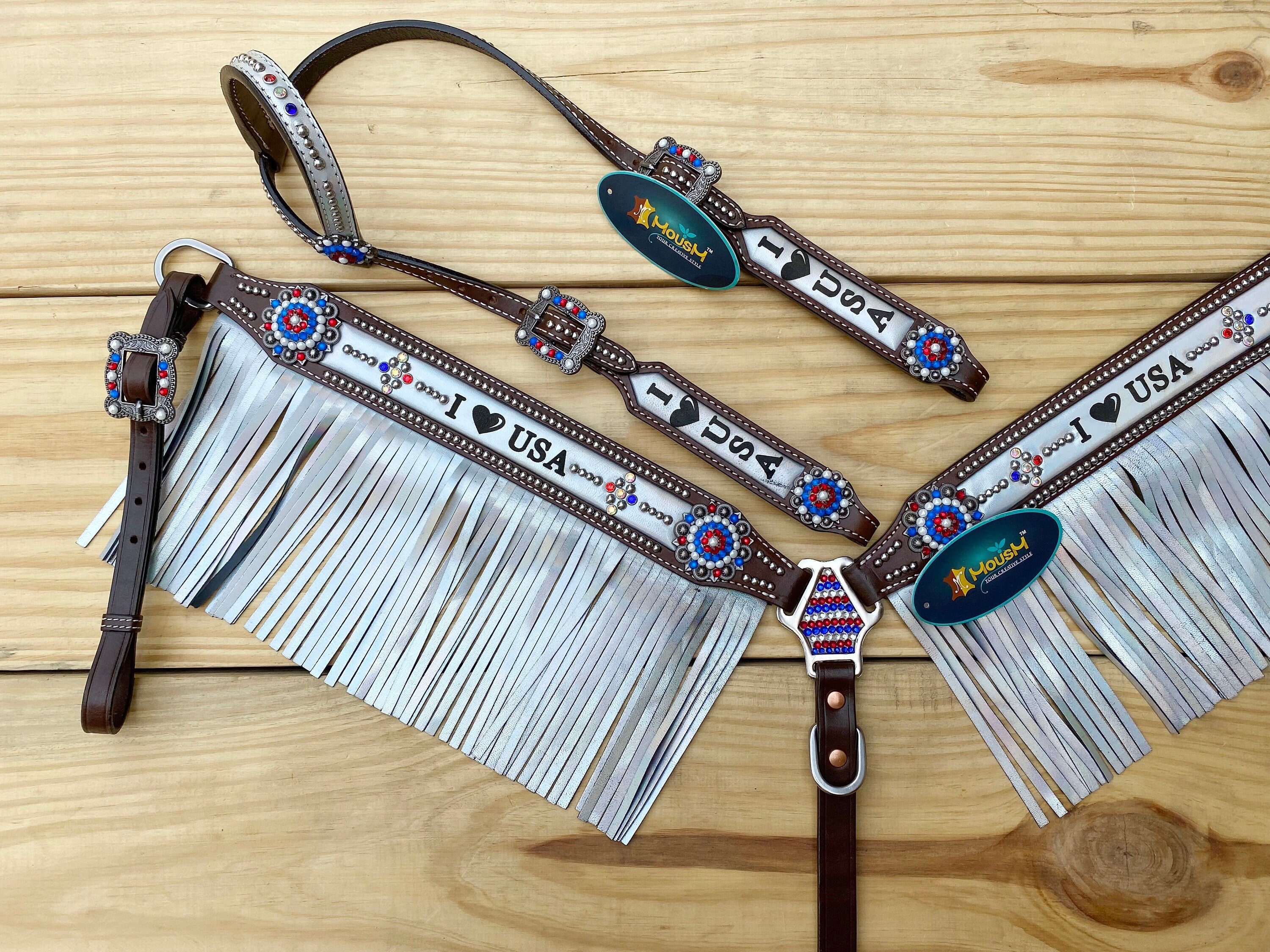 MOUSM 4th of July Western Headstall & Breast Collar Set – Independence Western Headstall Tack I LOVE USA Heart USA Flag Conchos and White Fringe