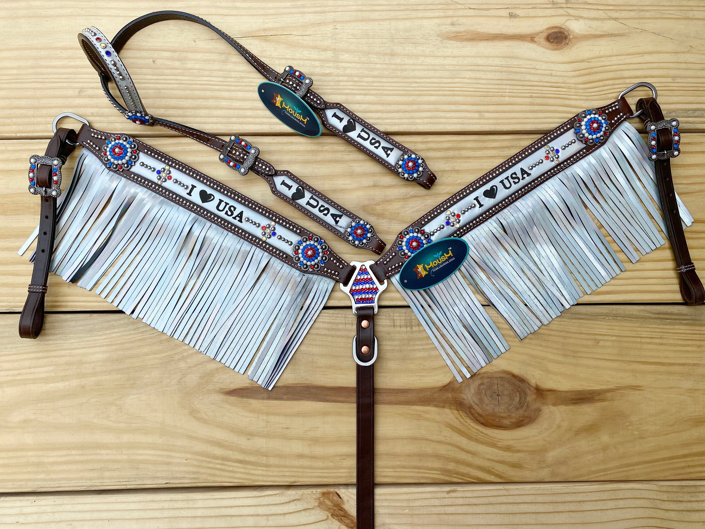 MOUSM 4th of July Western Headstall & Breast Collar Set – Independence Western Headstall Tack I LOVE USA Heart USA Flag Conchos and White Fringe