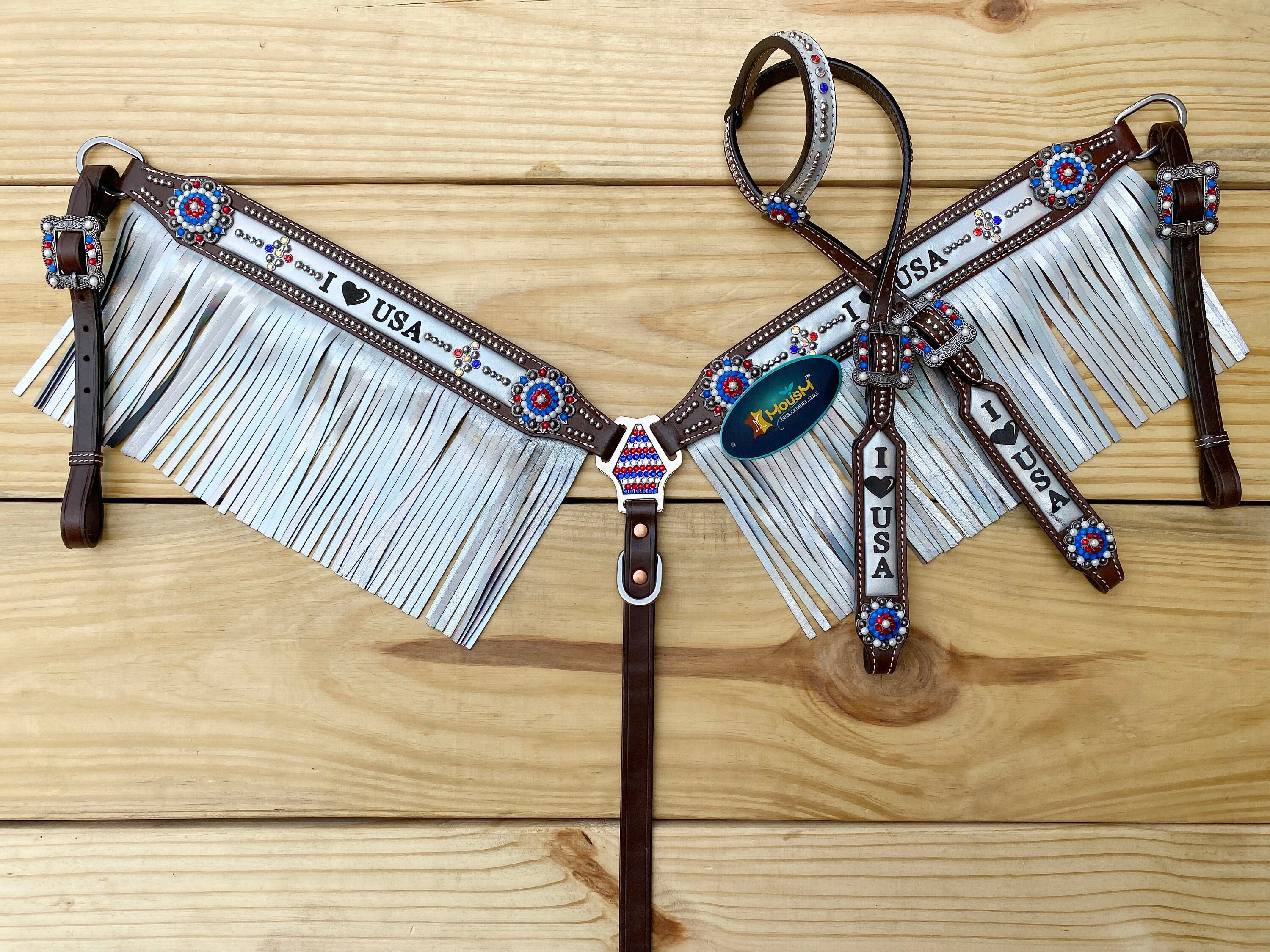 MOUSM 4th of July Western Headstall & Breast Collar Set – Independence Western Headstall Tack I LOVE USA Heart USA Flag Conchos and White Fringe
