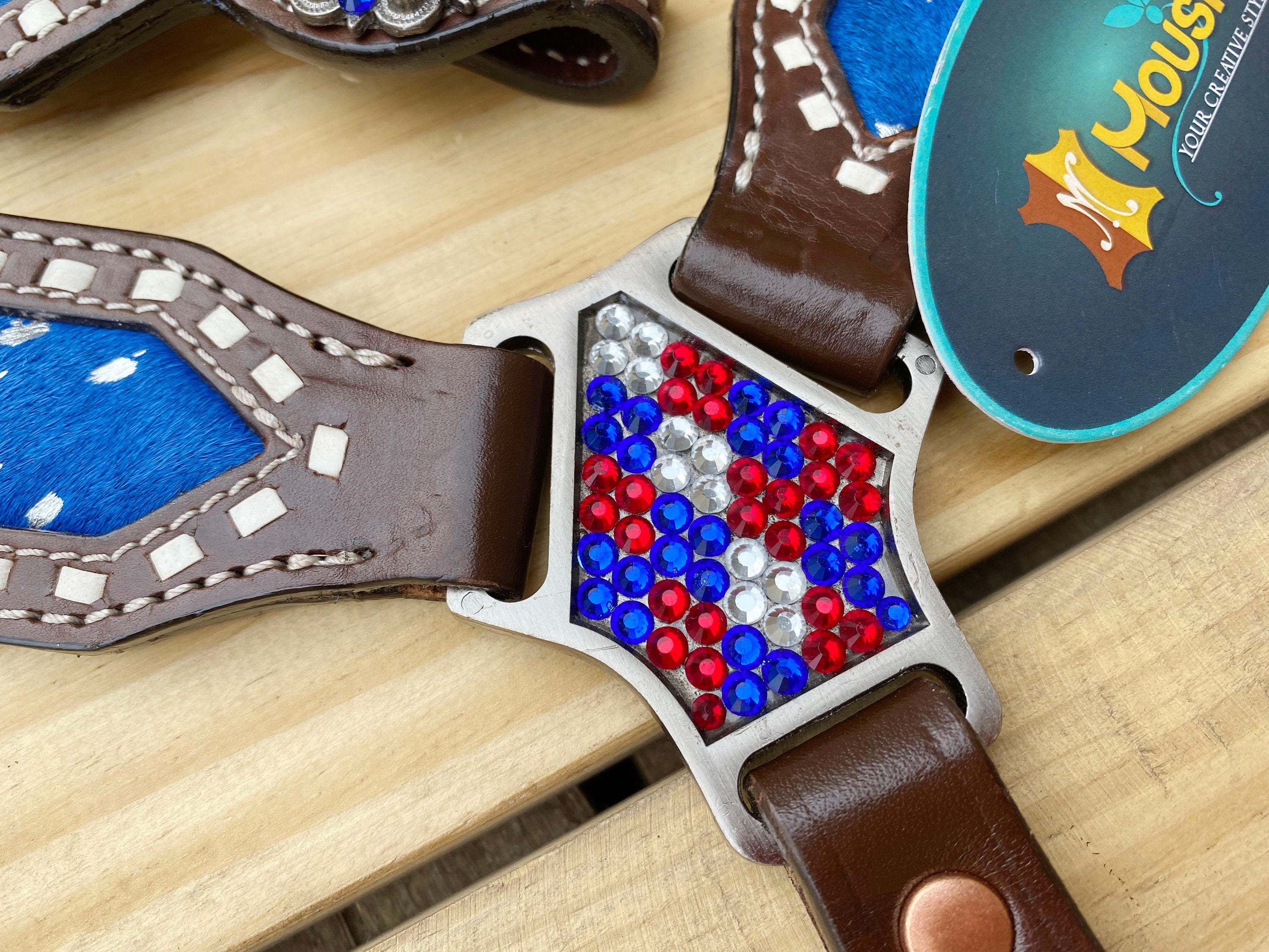 MOUSM 4th of July Western Headstall & Breast Collar Set – Independence Western Headstall Tack Set Acid Wash USA Flag Colour Inlay and Matching USA Conchos