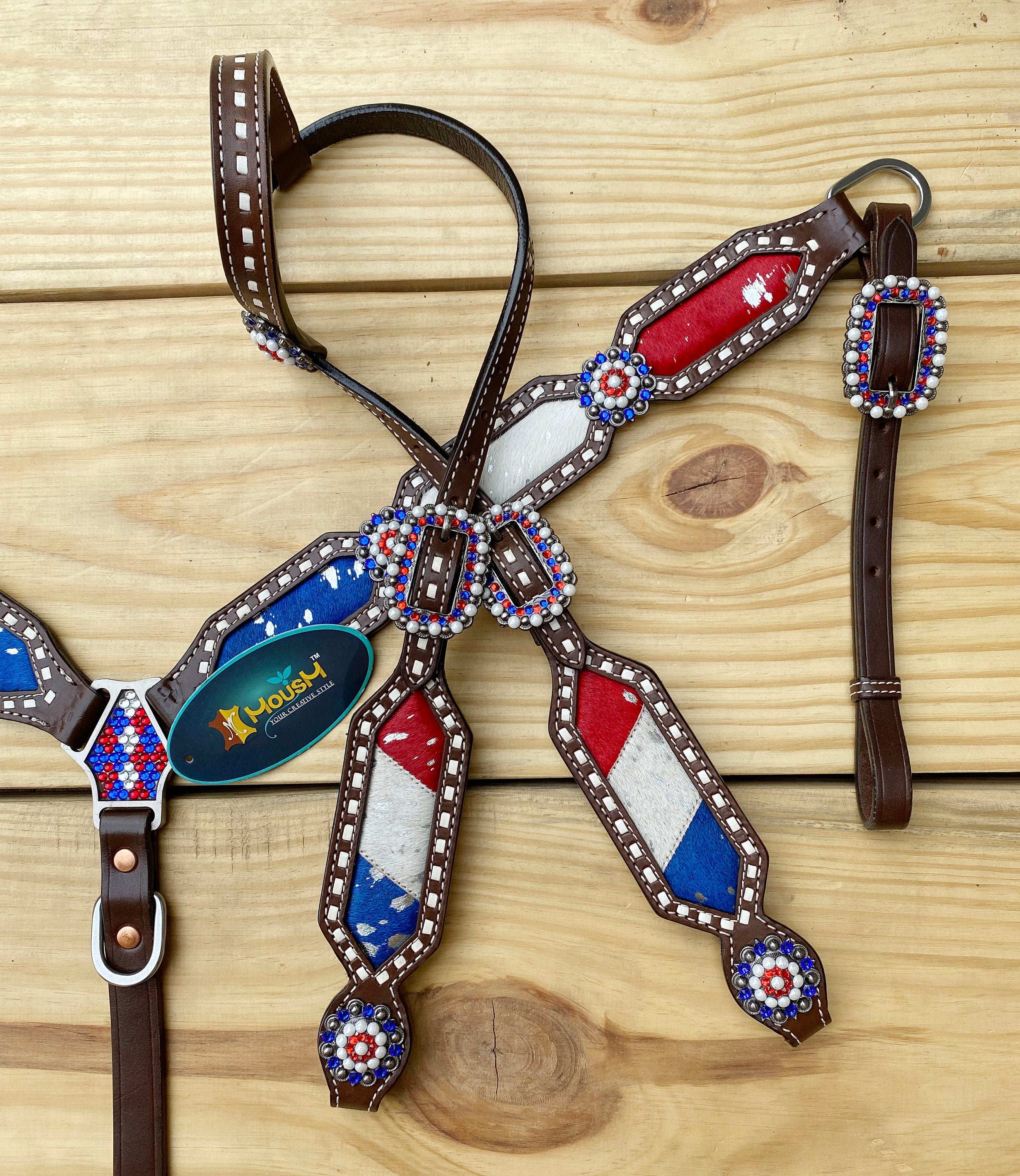 MOUSM 4th of July Western Headstall & Breast Collar Set – Independence Western Headstall Tack Set Acid Wash USA Flag Colour Inlay and Matching USA Conchos