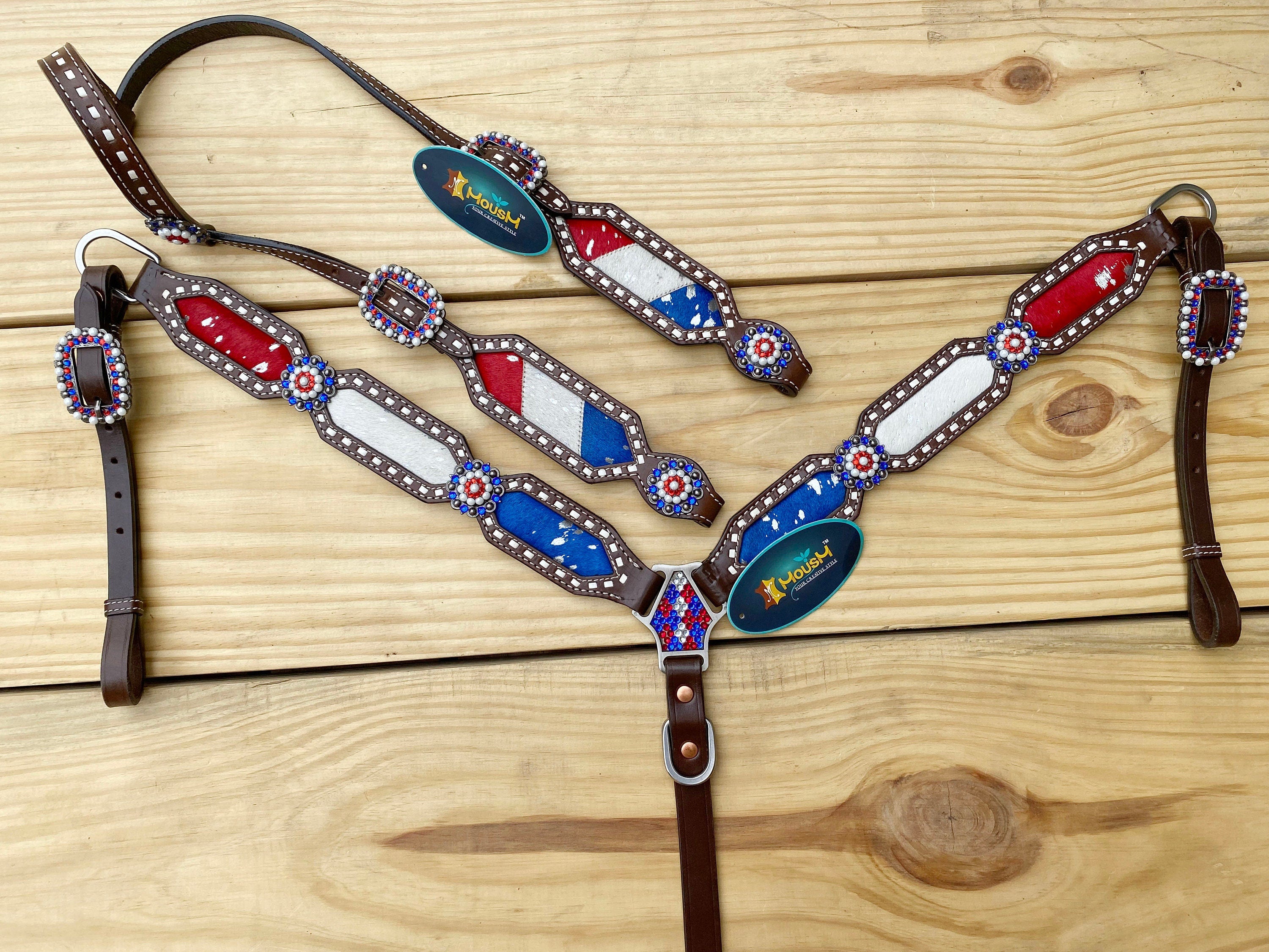 MOUSM 4th of July Western Headstall & Breast Collar Set – Independence Western Headstall Tack Set Acid Wash USA Flag Colour Inlay and Matching USA Conchos