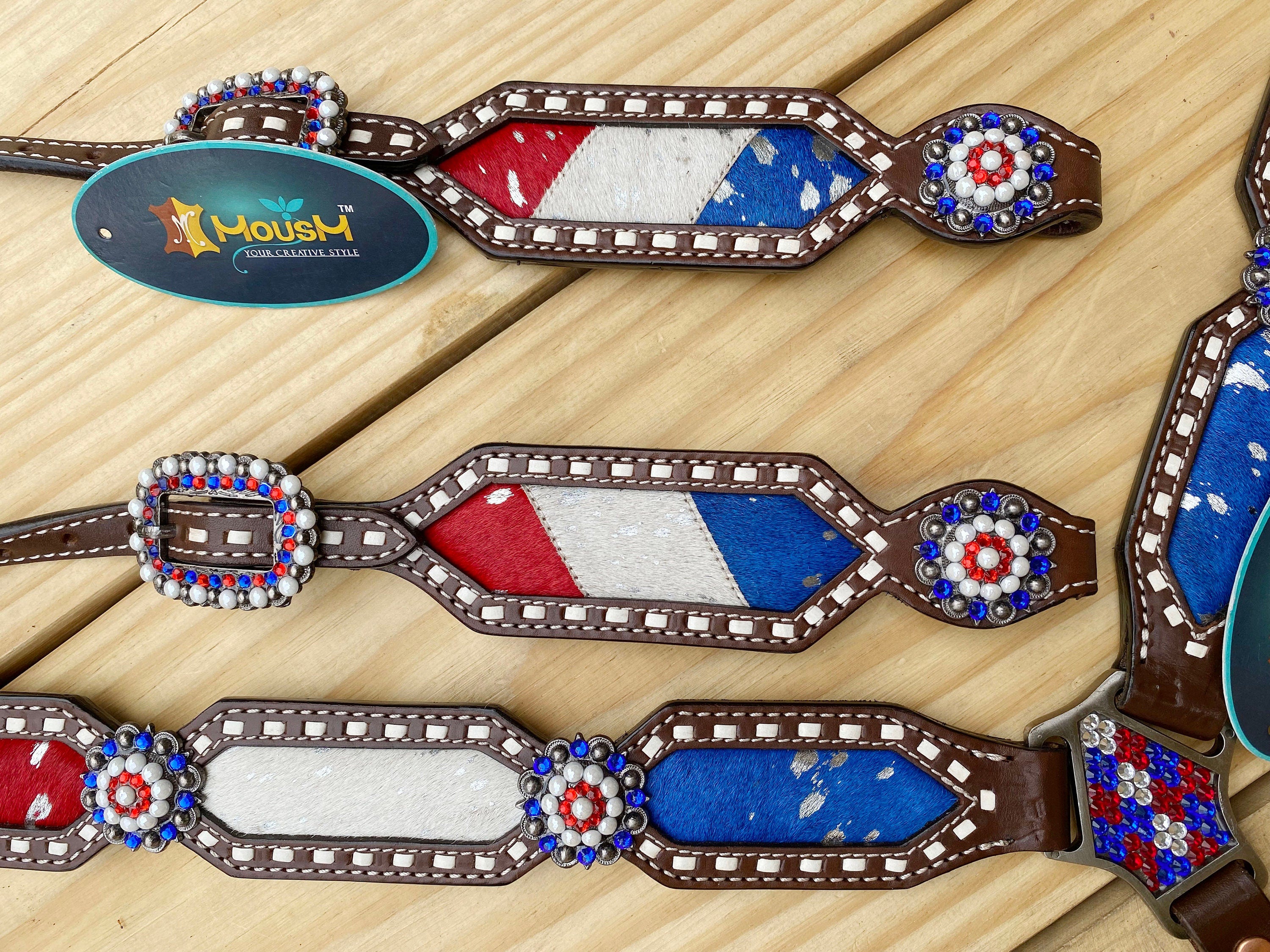 MOUSM 4th of July Western Headstall & Breast Collar Set – Independence Western Headstall Tack Set Acid Wash USA Flag Colour Inlay and Matching USA Conchos