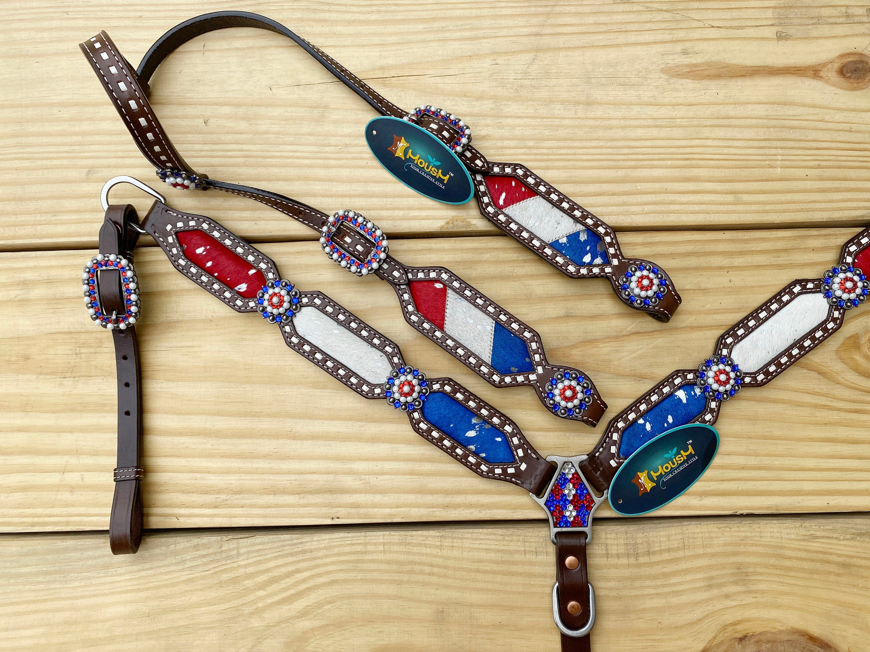 MOUSM 4th of July Western Headstall & Breast Collar Set – Independence Western Headstall Tack Set Acid Wash USA Flag Colour Inlay and Matching USA Conchos