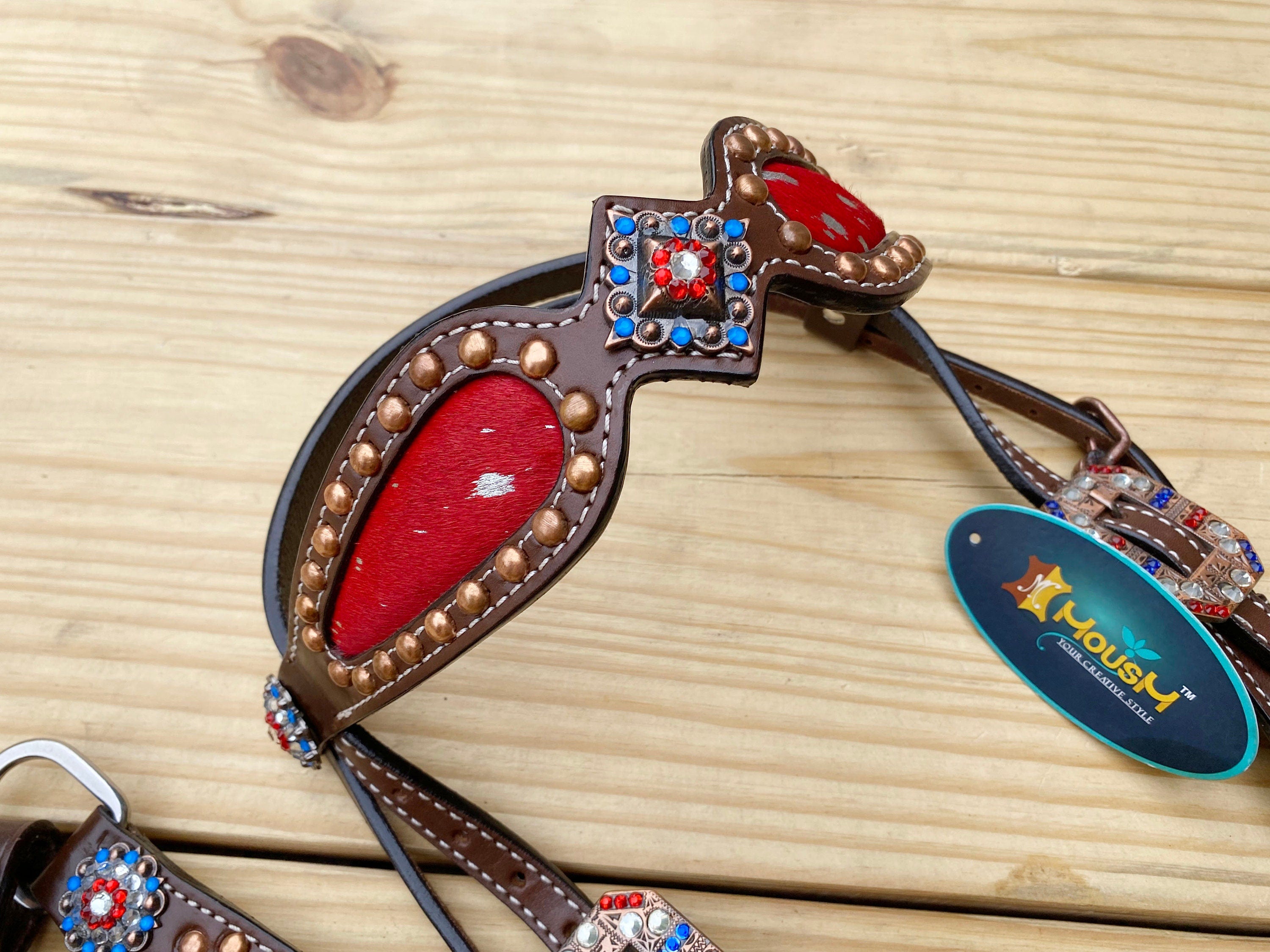 MOUSM 4th of July Browband Headstall & Breast Collar Set – Independence Western Headstall Tack with Acid Wash USA Flag Color Inlay