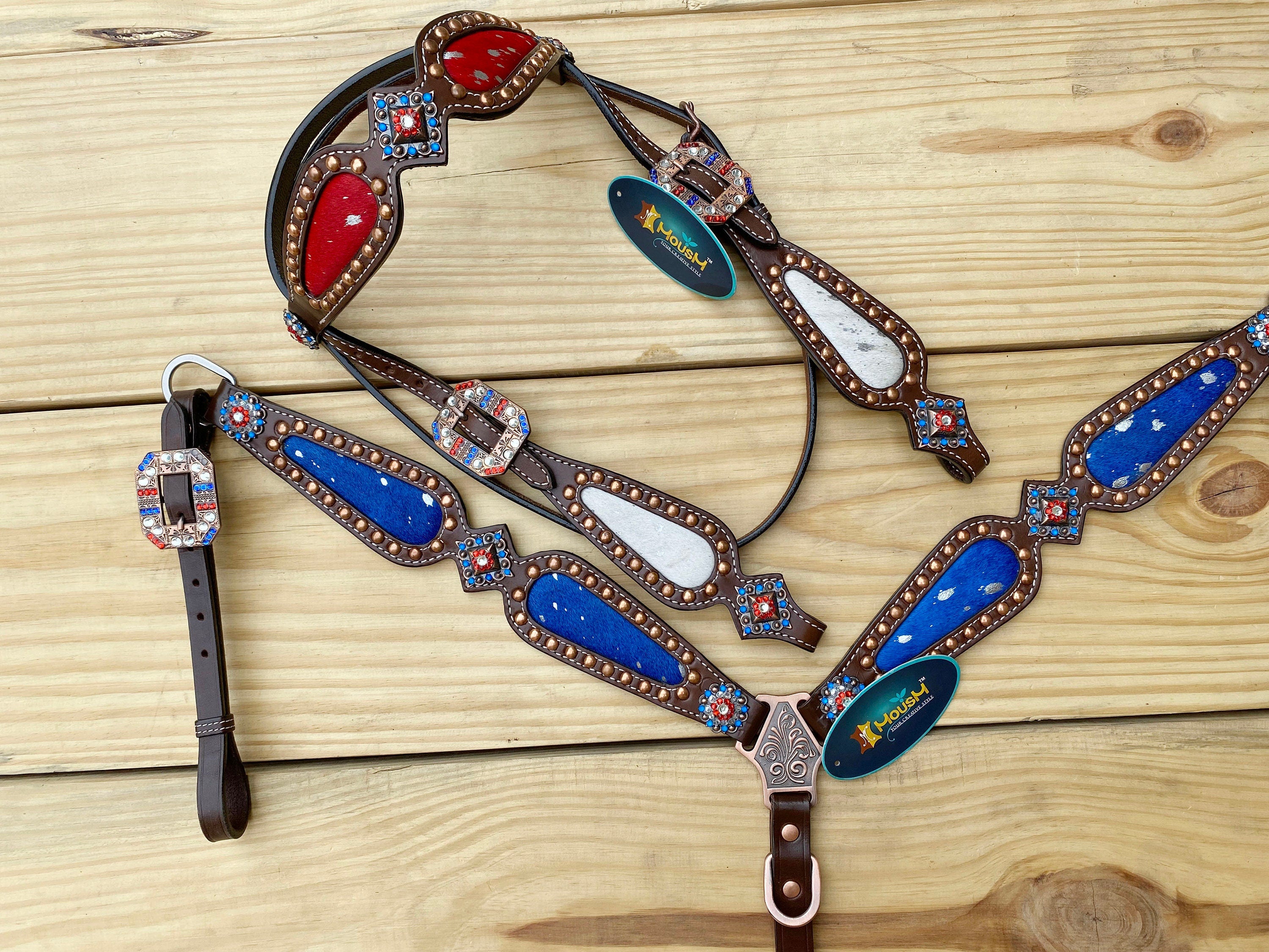 MOUSM 4th of July Browband Headstall & Breast Collar Set – Independence Western Headstall Tack with Acid Wash USA Flag Color Inlay