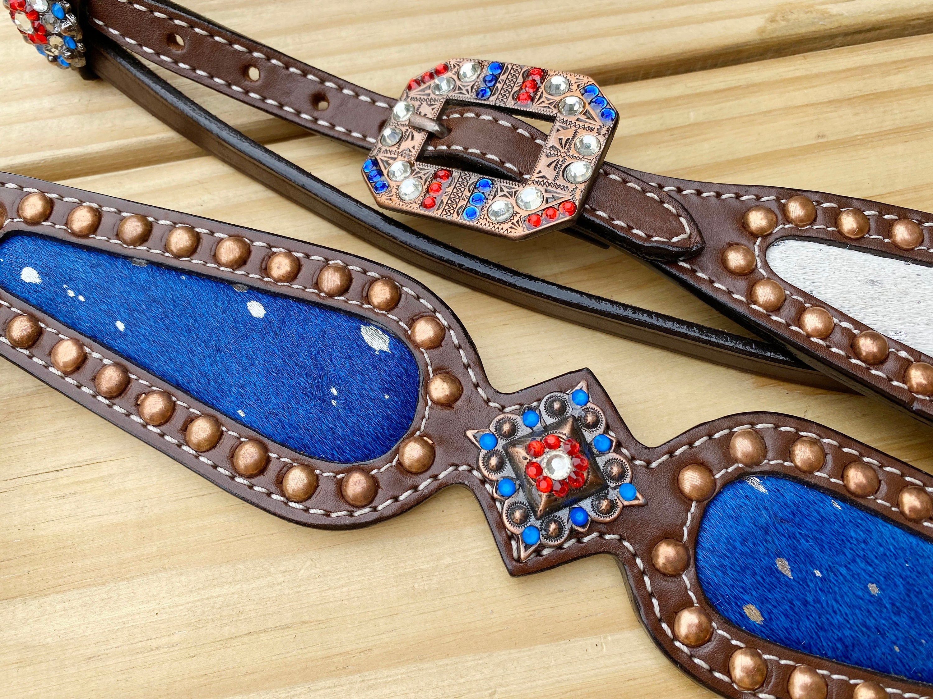 MOUSM 4th of July Browband Headstall & Breast Collar Set – Independence Western Headstall Tack with Acid Wash USA Flag Color Inlay