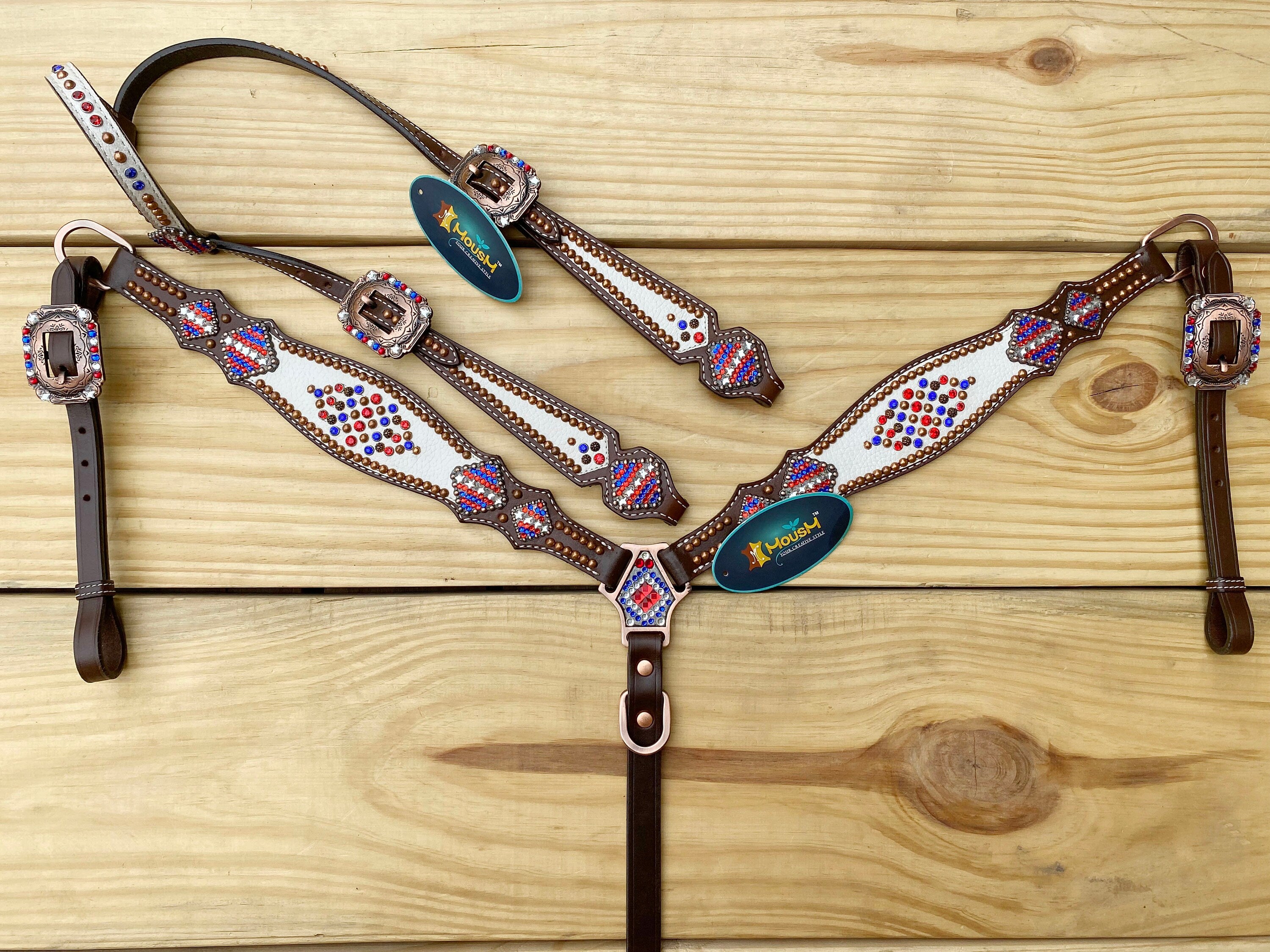 MOUSM 4th of July Western Headstall & Breast Collar Set – Patriotic USA Flag Stone & Bead Inlay with Matching Conchos