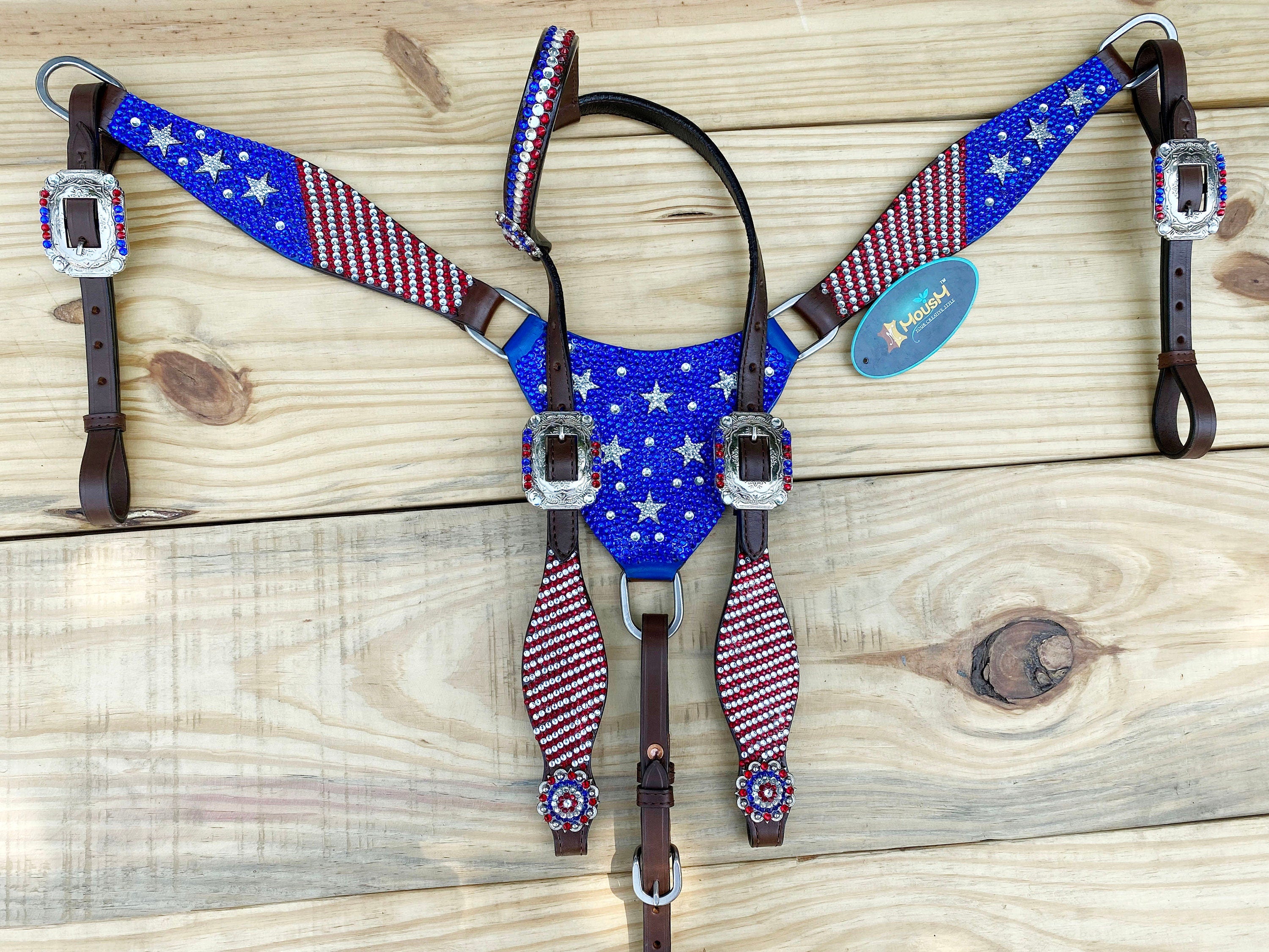 MOUSM 4th July Western Headstall & Breast Collar Set – Western Headstall Tack with Patch Decorated with Dazzling USA Flag Color Glitter Stones