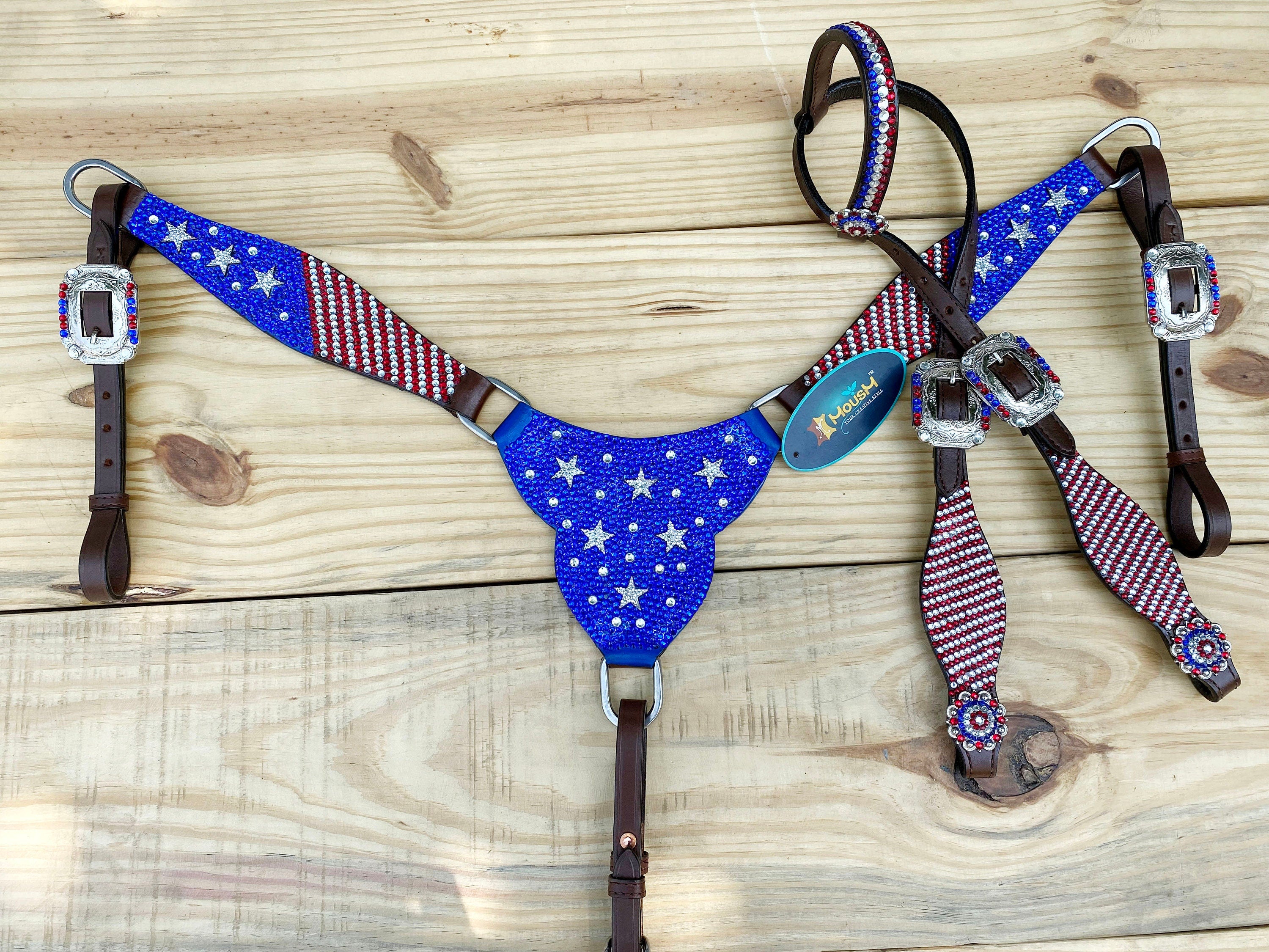 MOUSM 4th July Western Headstall & Breast Collar Set – Western Headstall Tack with Patch Decorated with Dazzling USA Flag Color Glitter Stones