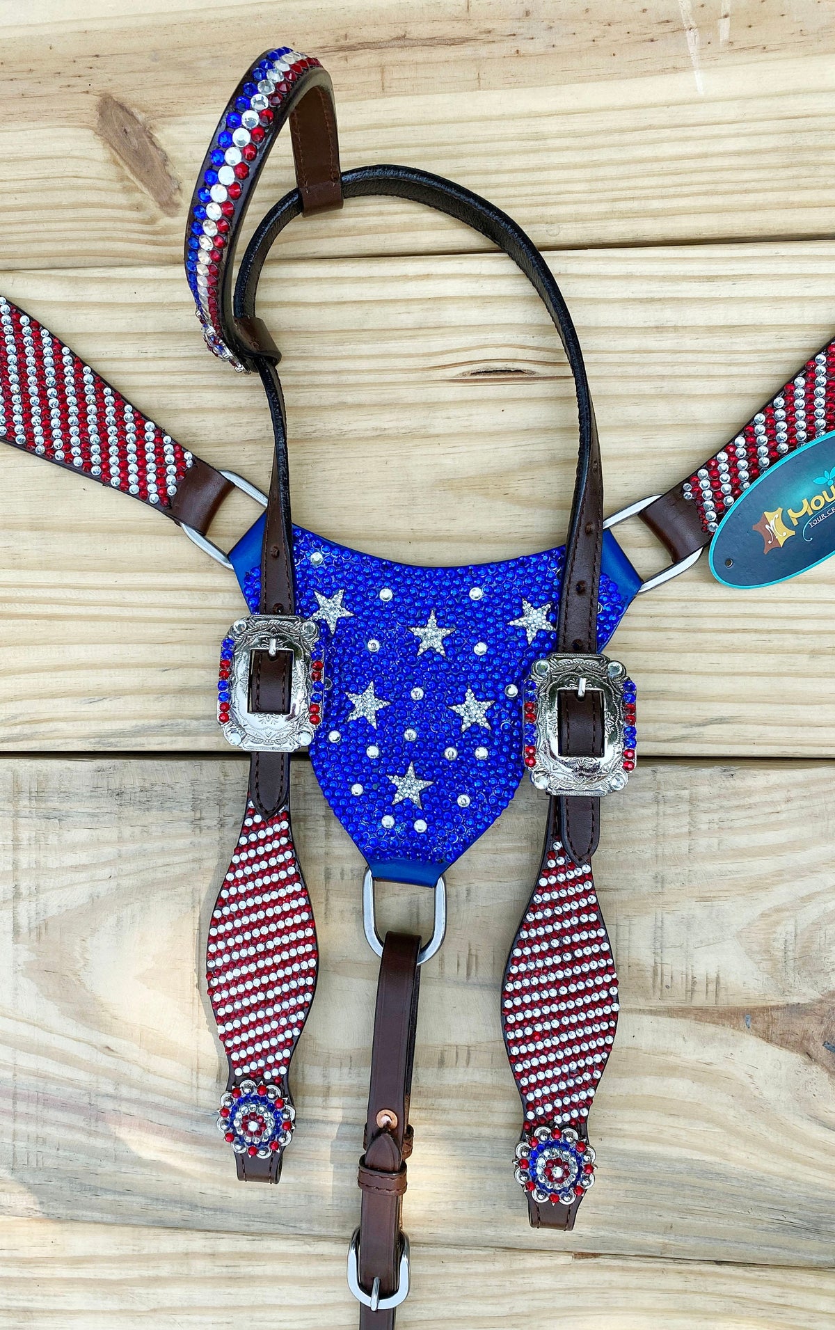 Dazzling USA Flag Color Glitter Stones Western Headstall Tack