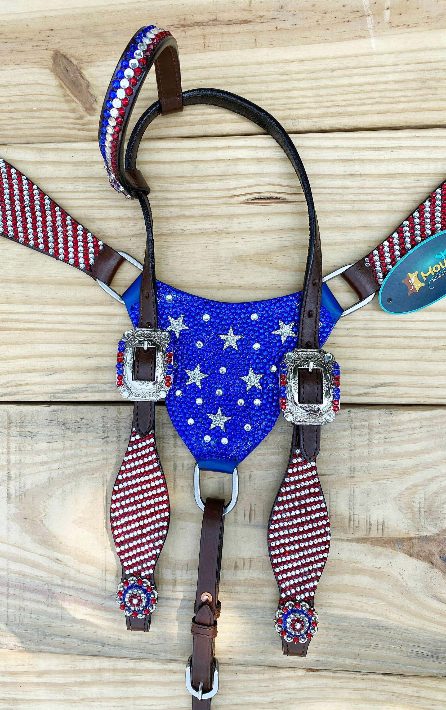 MOUSM 4th July Western Headstall & Breast Collar Set – Western Headstall Tack with Patch Decorated with Dazzling USA Flag Color Glitter Stones