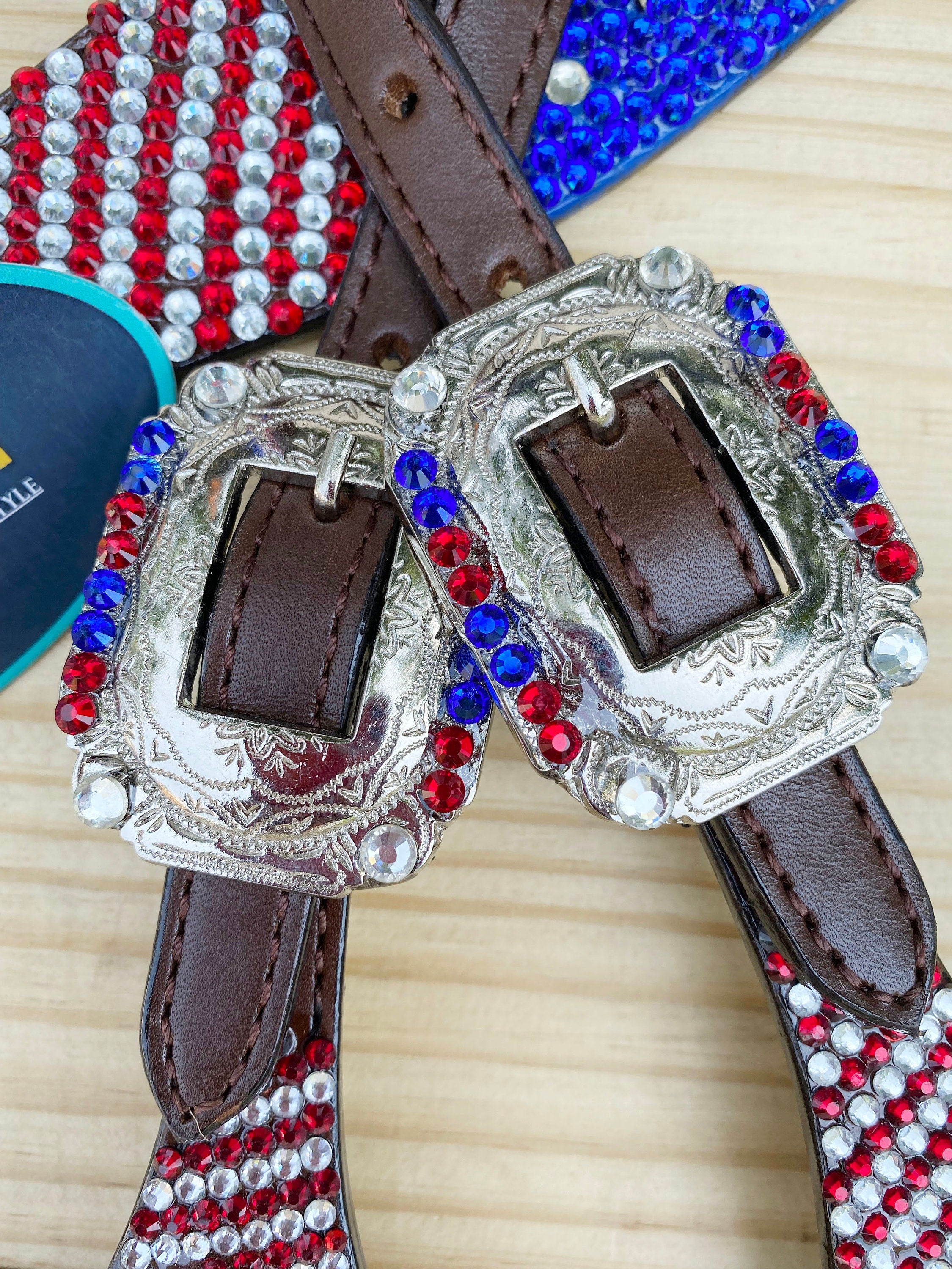 MOUSM 4th July Western Headstall & Breast Collar Set – Western Headstall Tack with Patch Decorated with Dazzling USA Flag Color Glitter Stones