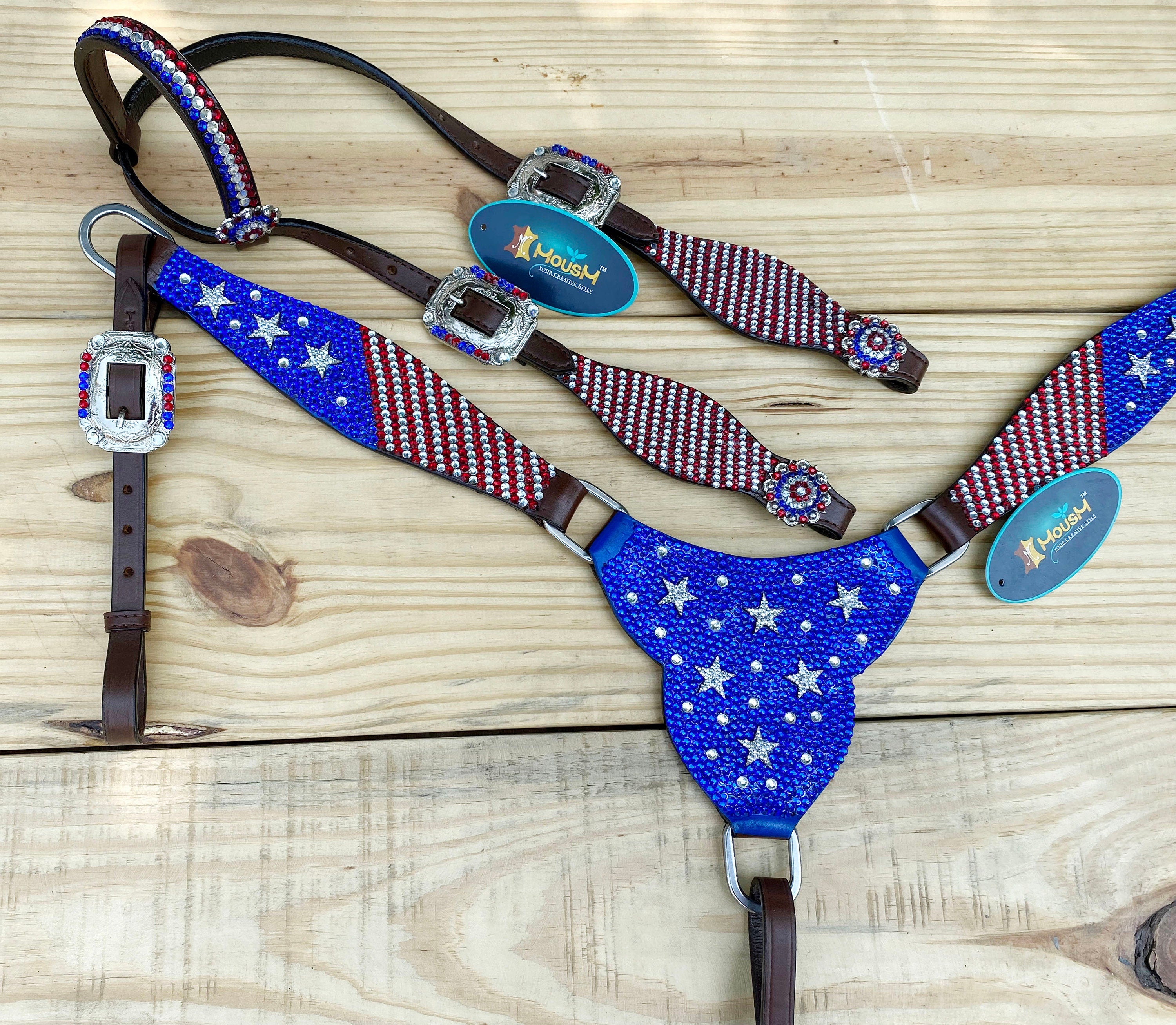 MOUSM 4th July Western Headstall & Breast Collar Set – Western Headstall Tack with Patch Decorated with Dazzling USA Flag Color Glitter Stones