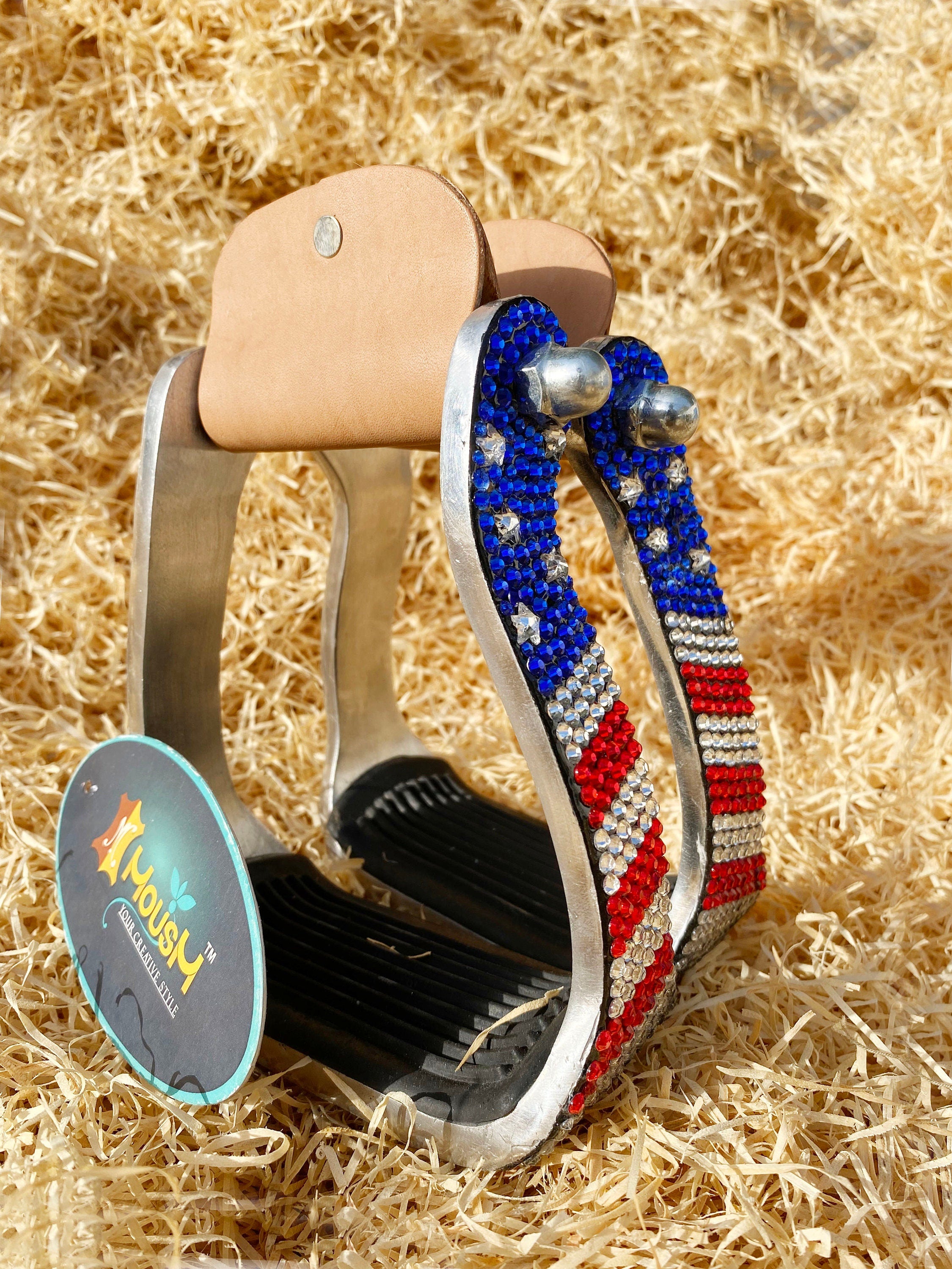 MOUSM 4th July Independence Day Western Horse Stirrups - Premium Aluminum Barrel Stirrups Decorated With American Flag Design Shining Stones