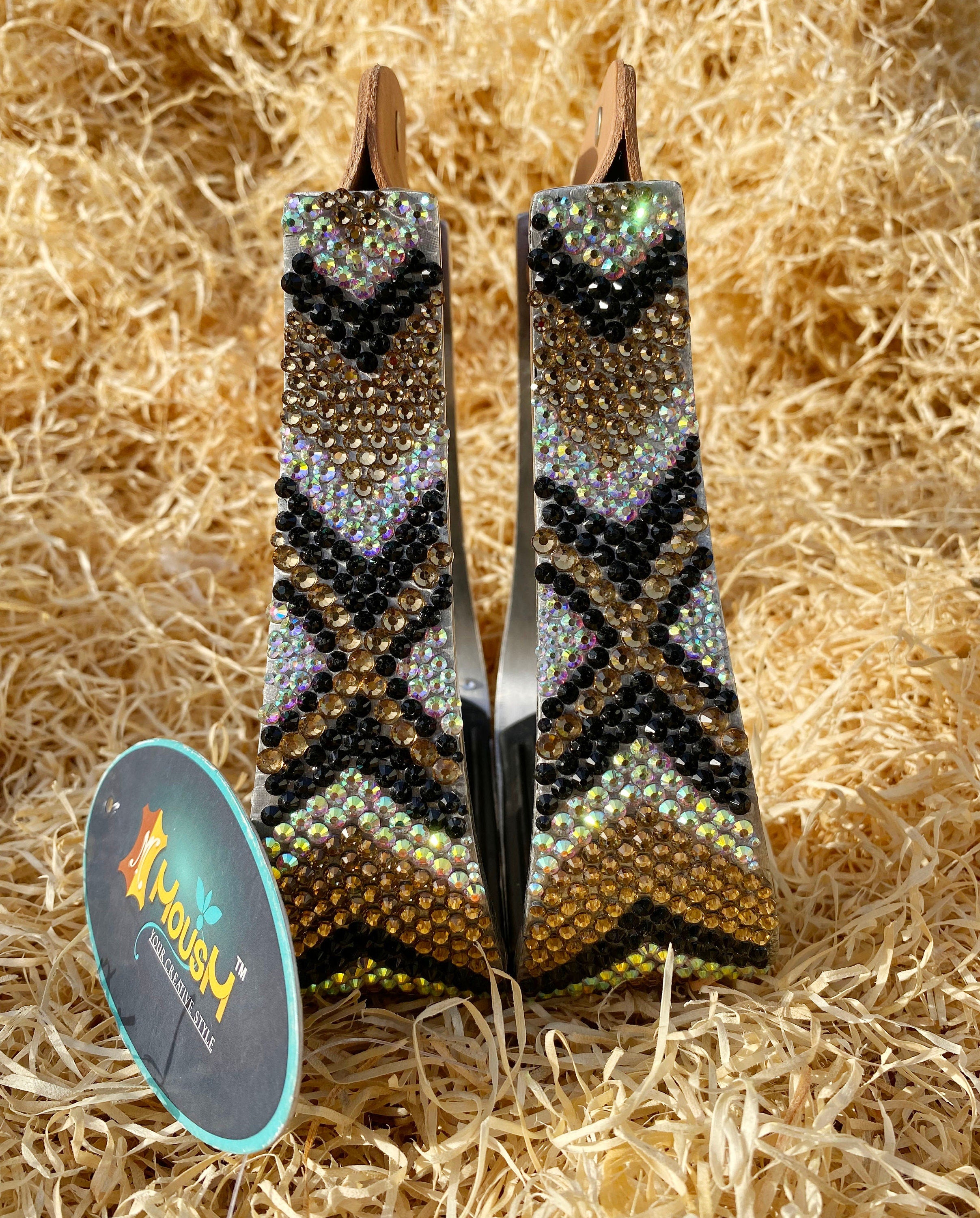 MOUSM Barrel Horse Stirrups - Luxury Western Aluminum Barrel Stirrups With Shining Golden and Black Rhinestones