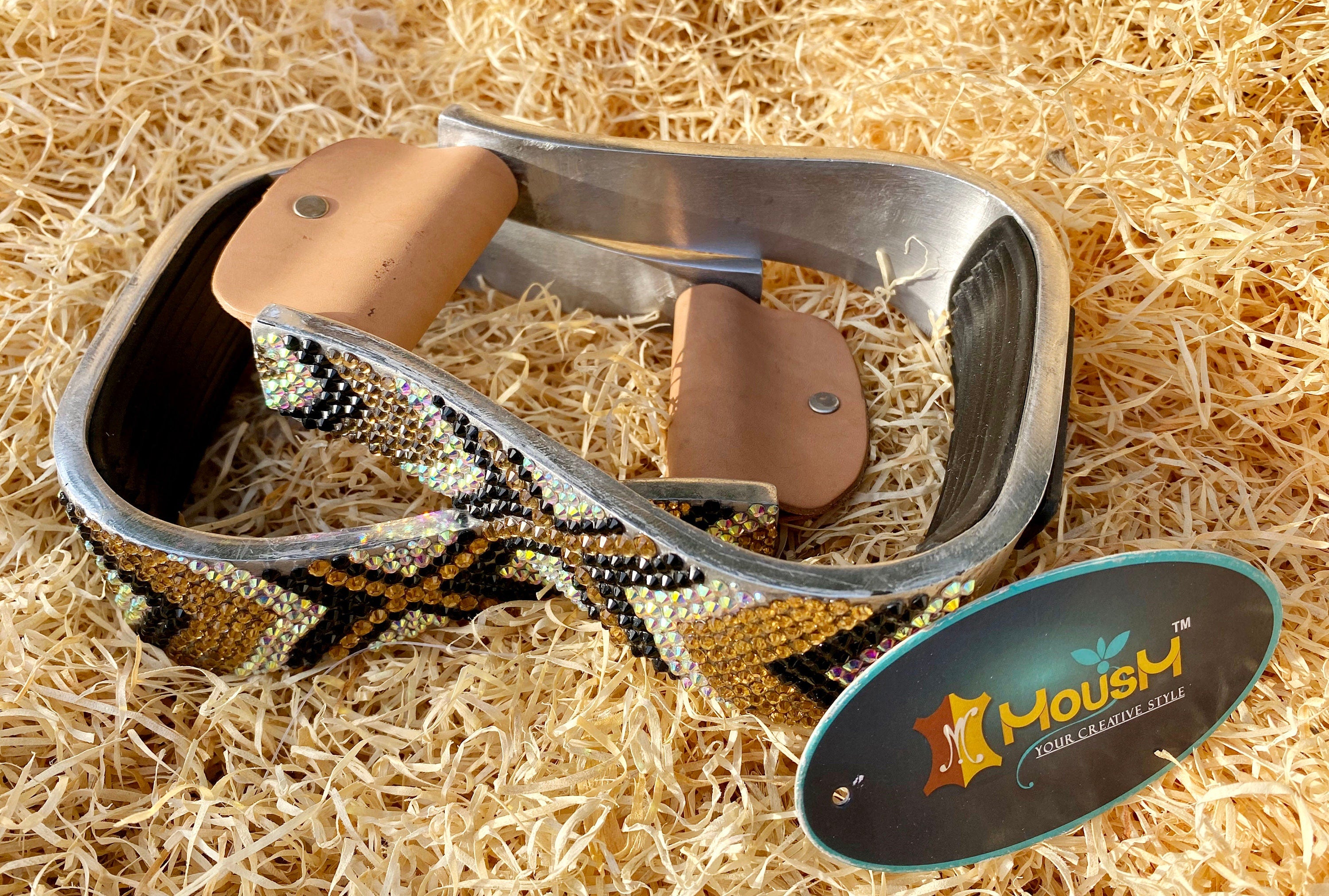 MOUSM Barrel Horse Stirrups - Luxury Western Aluminum Barrel Stirrups With Shining Golden and Black Rhinestones