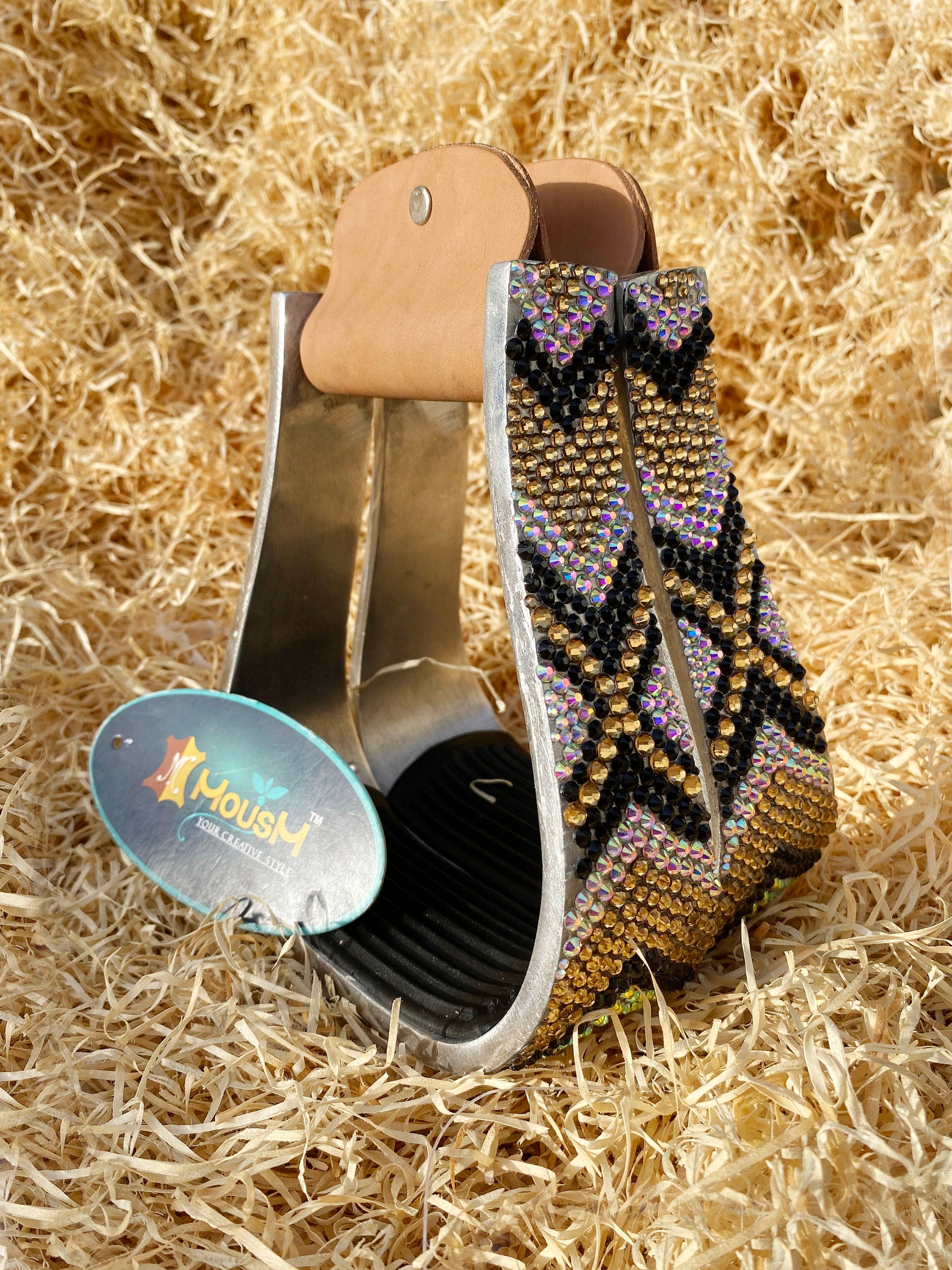 MOUSM Barrel Horse Stirrups - Luxury Western Aluminum Barrel Stirrups With Shining Golden and Black Rhinestones