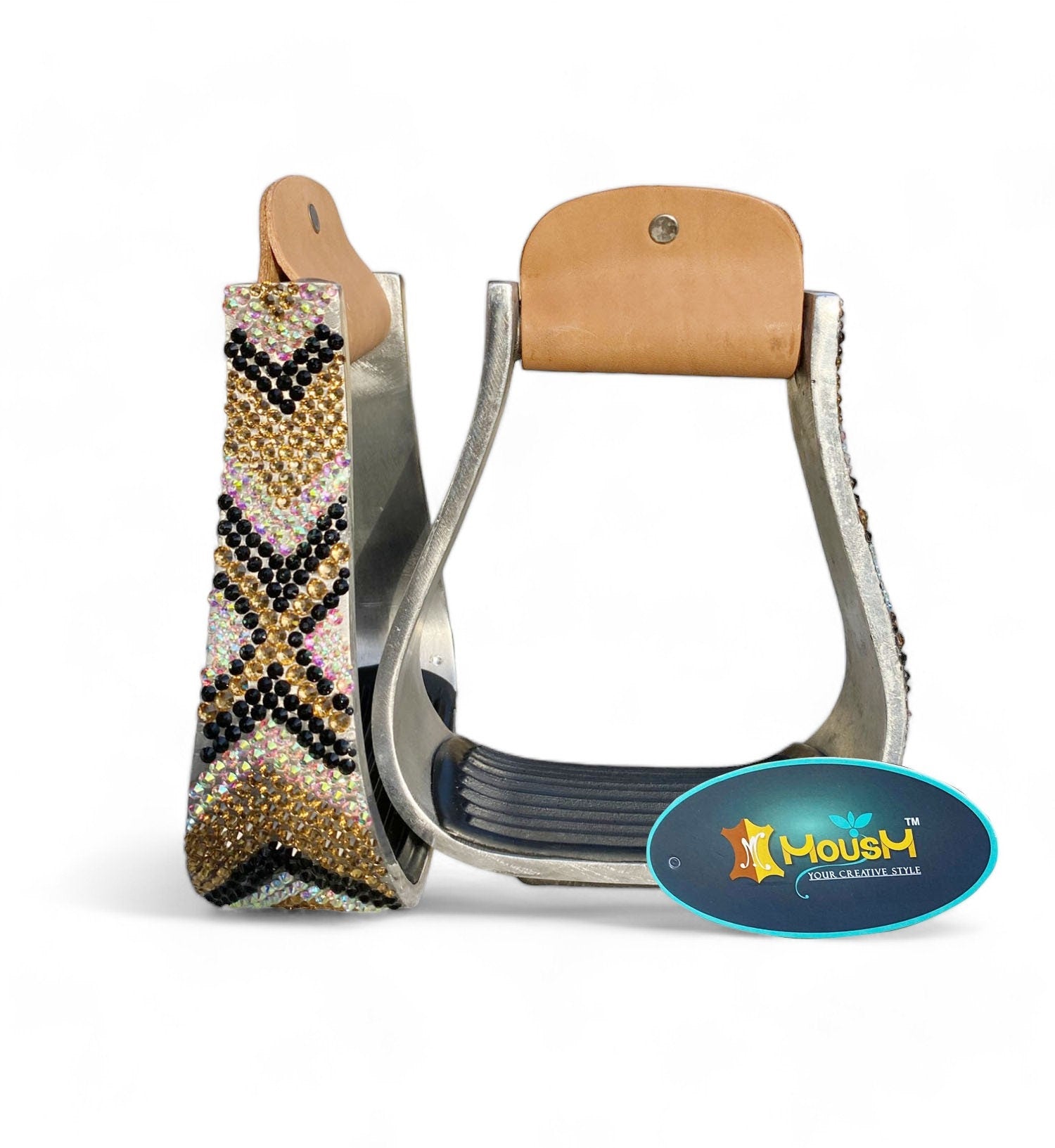 MOUSM Barrel Horse Stirrups - Luxury Western Aluminum Barrel Stirrups With Shining Golden and Black Rhinestones