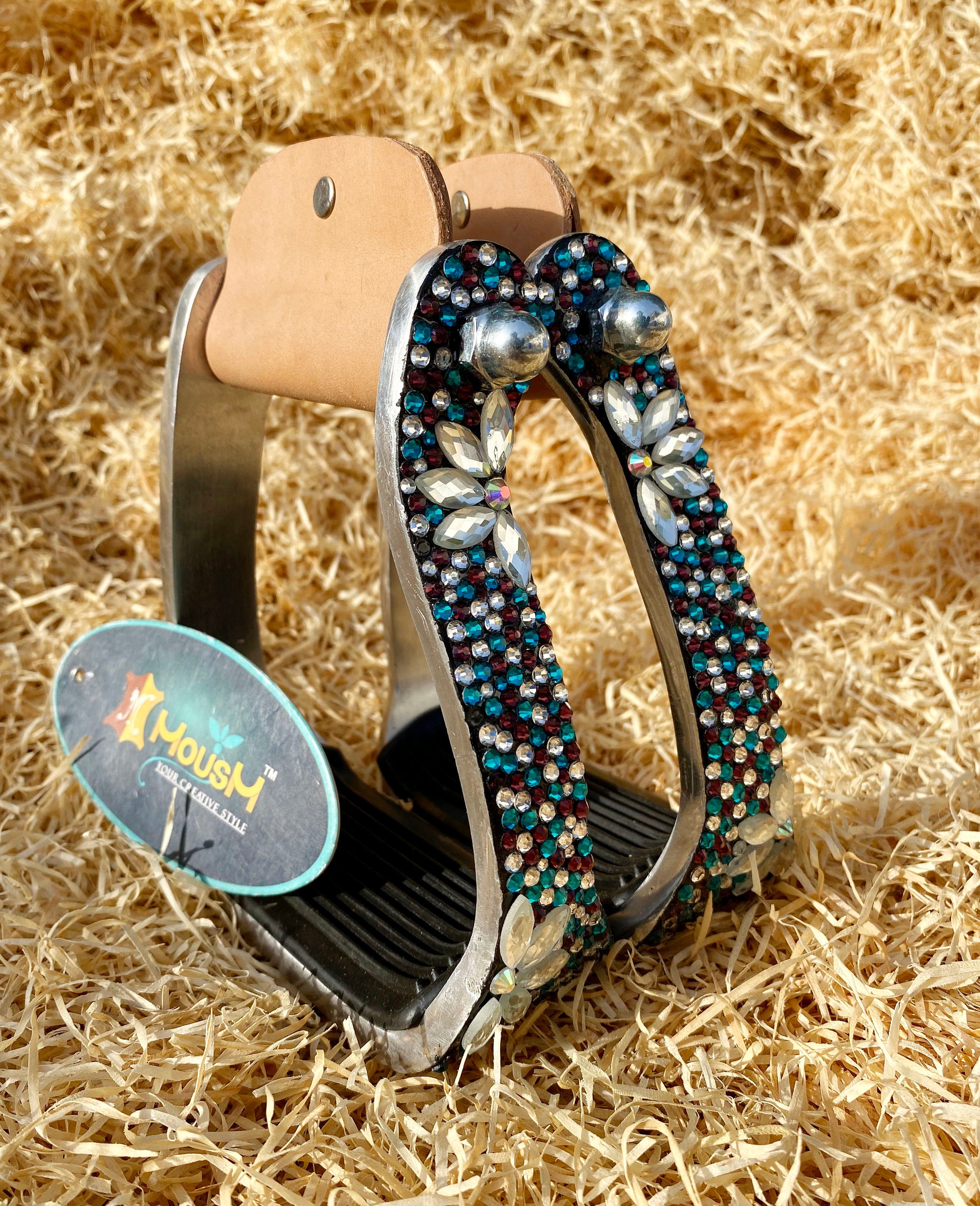 MOUSM Western Horse Stirrups - Aluminum Barrel Stirrups With Glittering Blue-Black-Brown-White Rhinestones & Silver Flower Studs