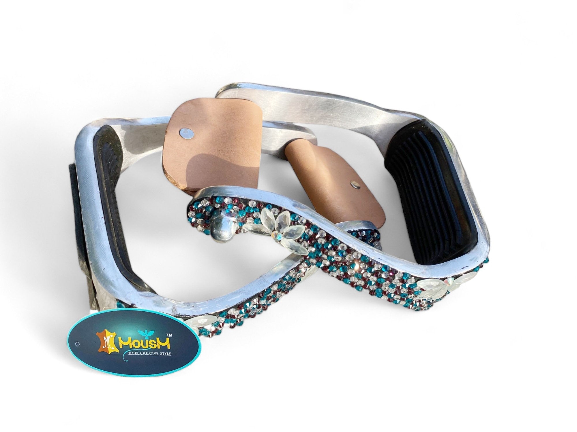 MOUSM Western Horse Stirrups - Aluminum Barrel Stirrups With Glittering Blue-Black-Brown-White Rhinestones & Silver Flower Studs