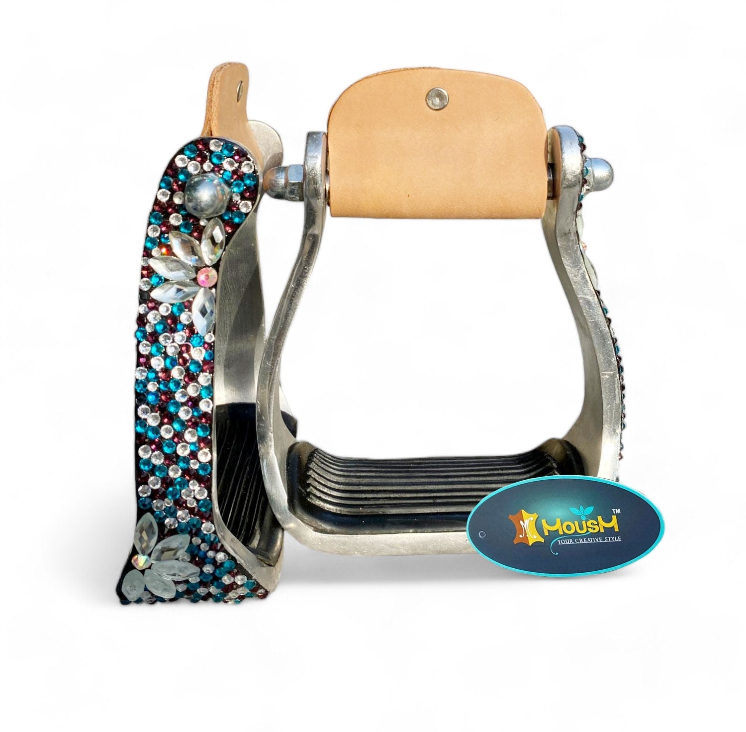 MOUSM Western Horse Stirrups - Aluminum Barrel Stirrups With Glittering Blue-Black-Brown-White Rhinestones & Silver Flower Studs