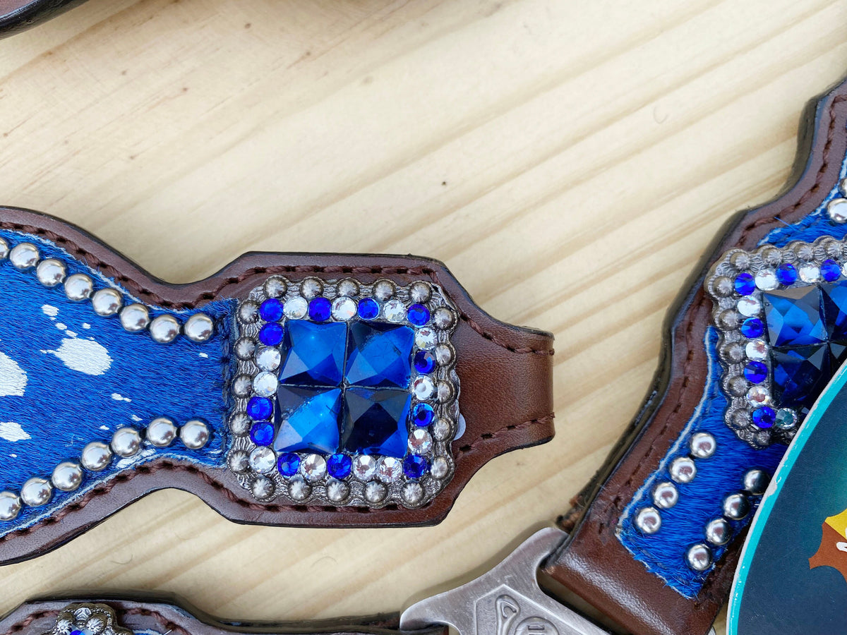 Blue Silver Metallic Acid Wash Cowhide Complete Headstall Set