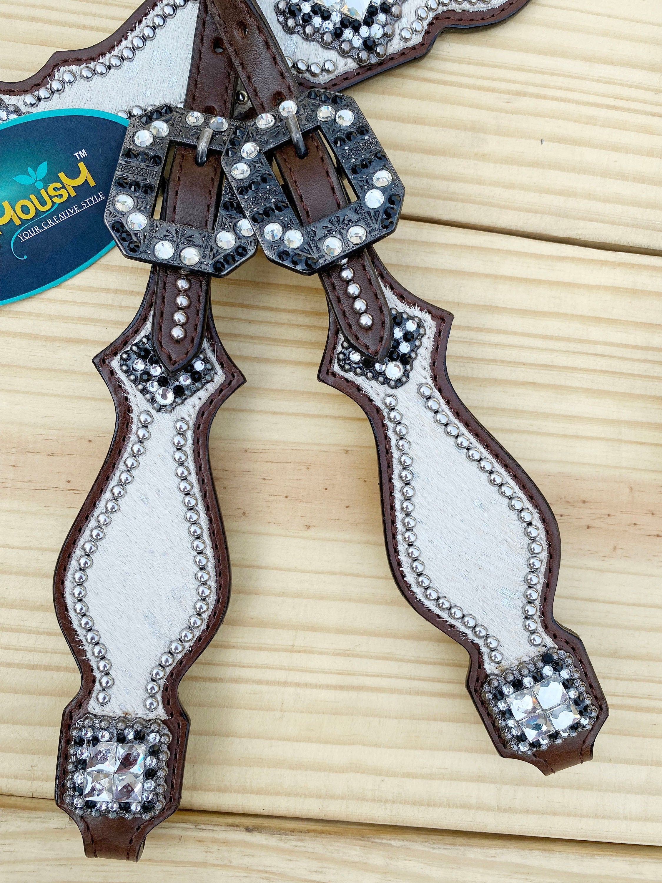 MOUSM Western Tack Set for Horse – Genuine Argentina Cowhide, White Silver Metallic Acid Wash Hair on, Antique Nickel Hardware