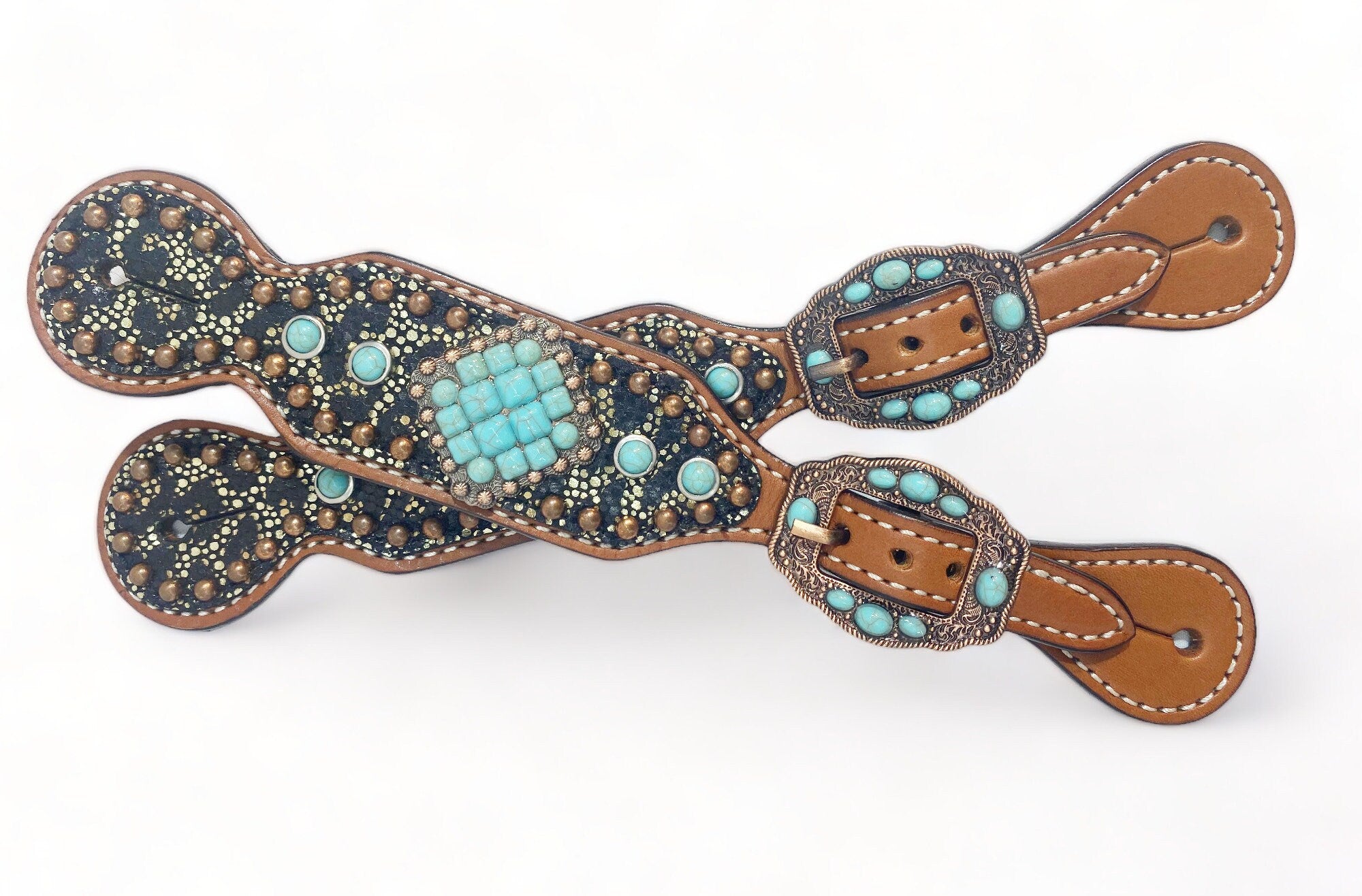 MOUSM Western Spur Straps – Argentina Cow Leather Ladies Spur Straps Decorated with Holographic Snake-Pattern Leather, Turquoise Stones & Antique Copper Hardware