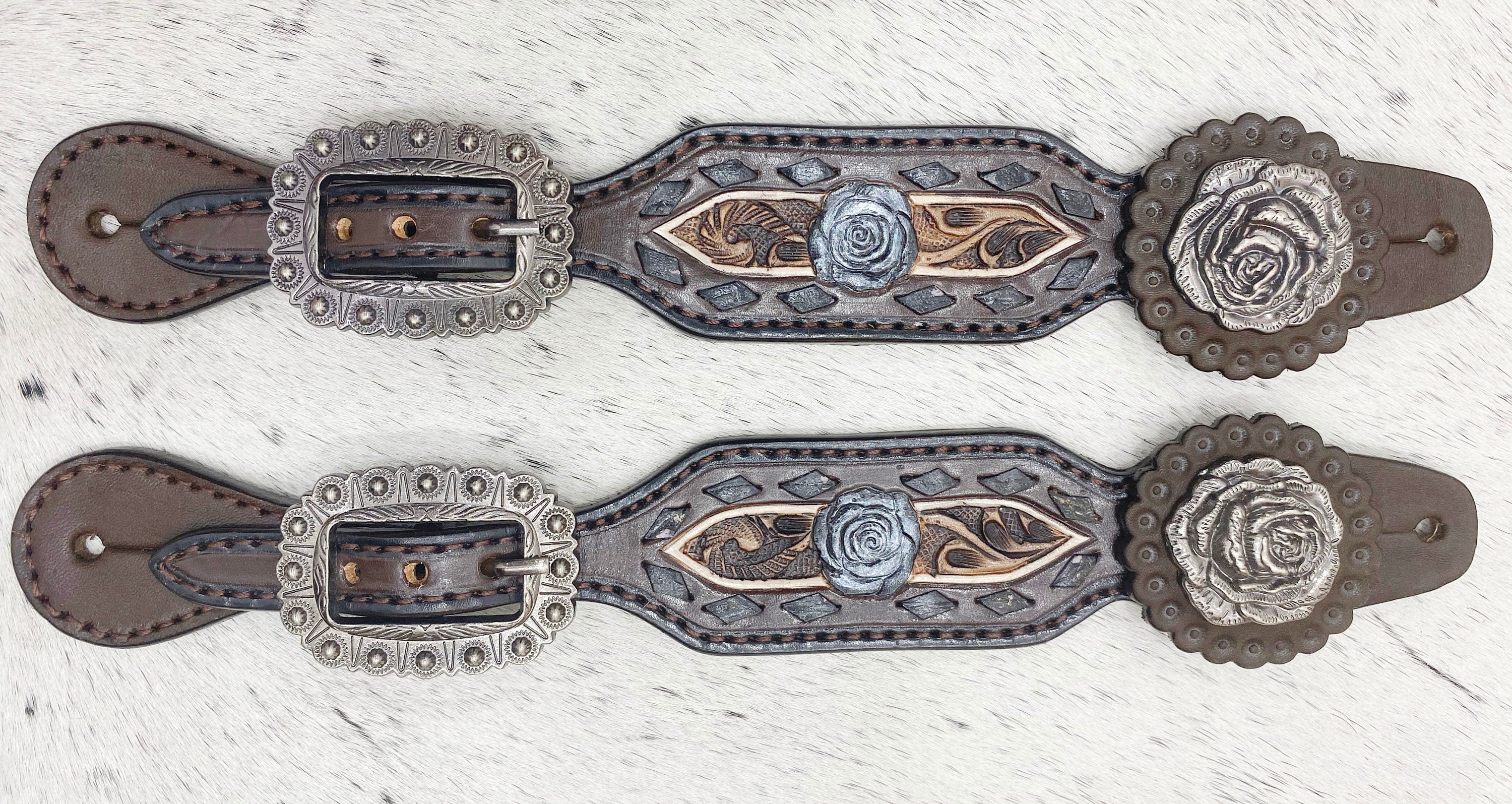 MOUSM Western Spur Straps – Argentina Cow Leather Ladies Spur Straps Decorated with Hand-Craved 3D Rose Flower Design, Buck Stitch Inlay & Antique Nickel Hardware
