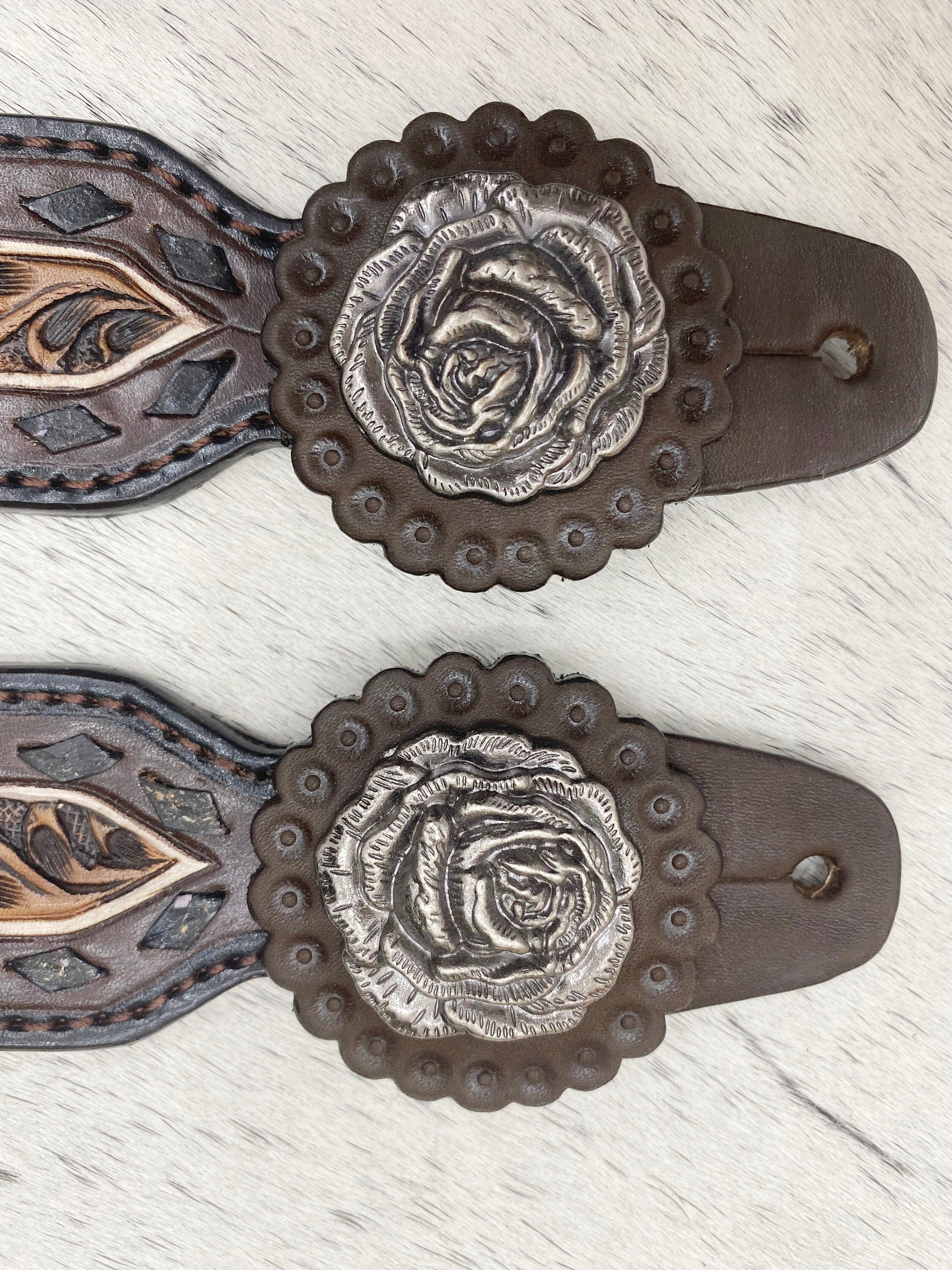 MOUSM Western Spur Straps – Argentina Cow Leather Ladies Spur Straps Decorated with Hand-Craved 3D Rose Flower Design, Buck Stitch Inlay & Antique Nickel Hardware
