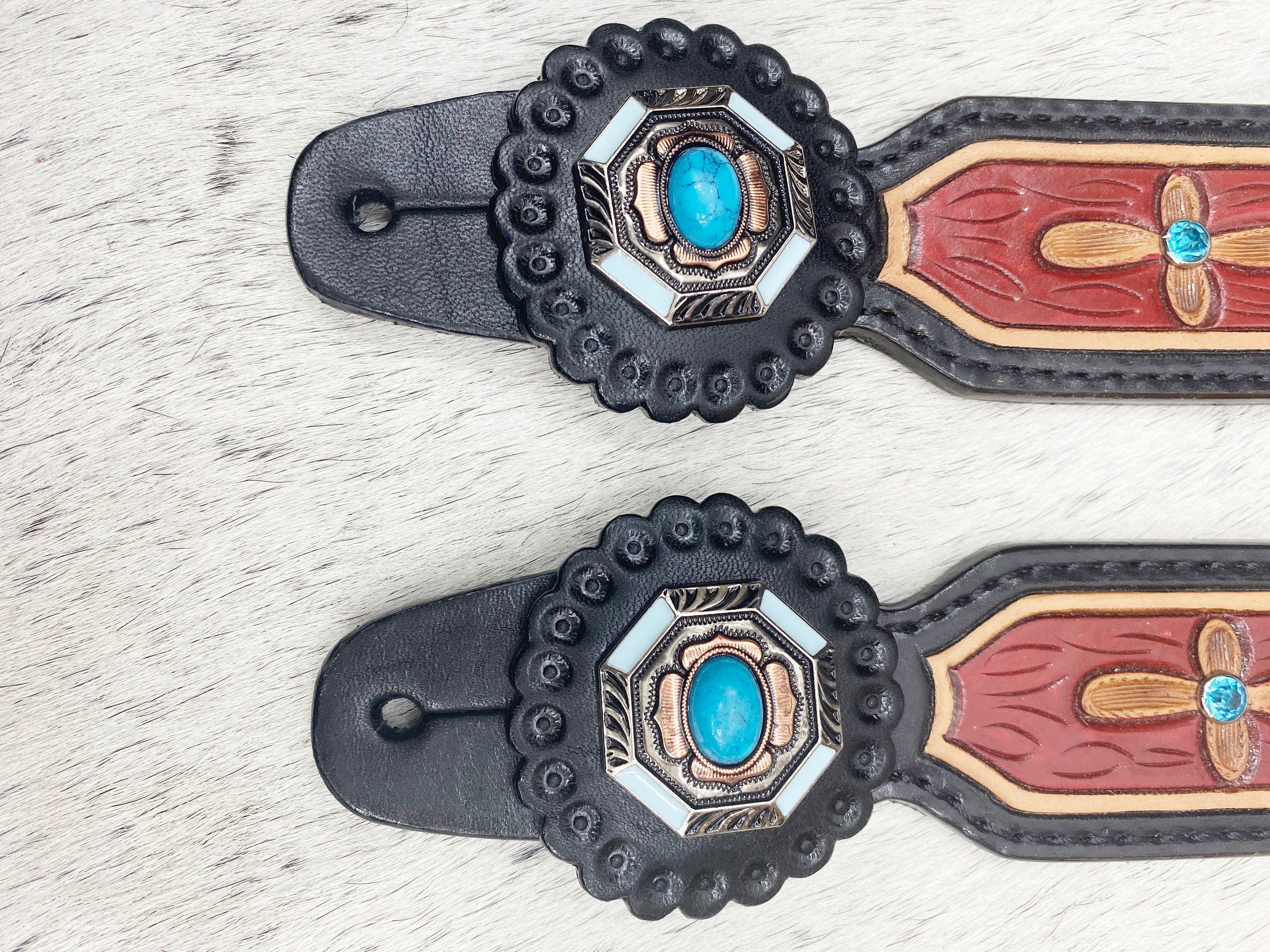 MOUSM Western Spur Straps – Argentina Cow Leather Ladies Spur Straps Decorated with Turquoise Stone, Engraved Leaves Inlay & Antique Nickel Hardware