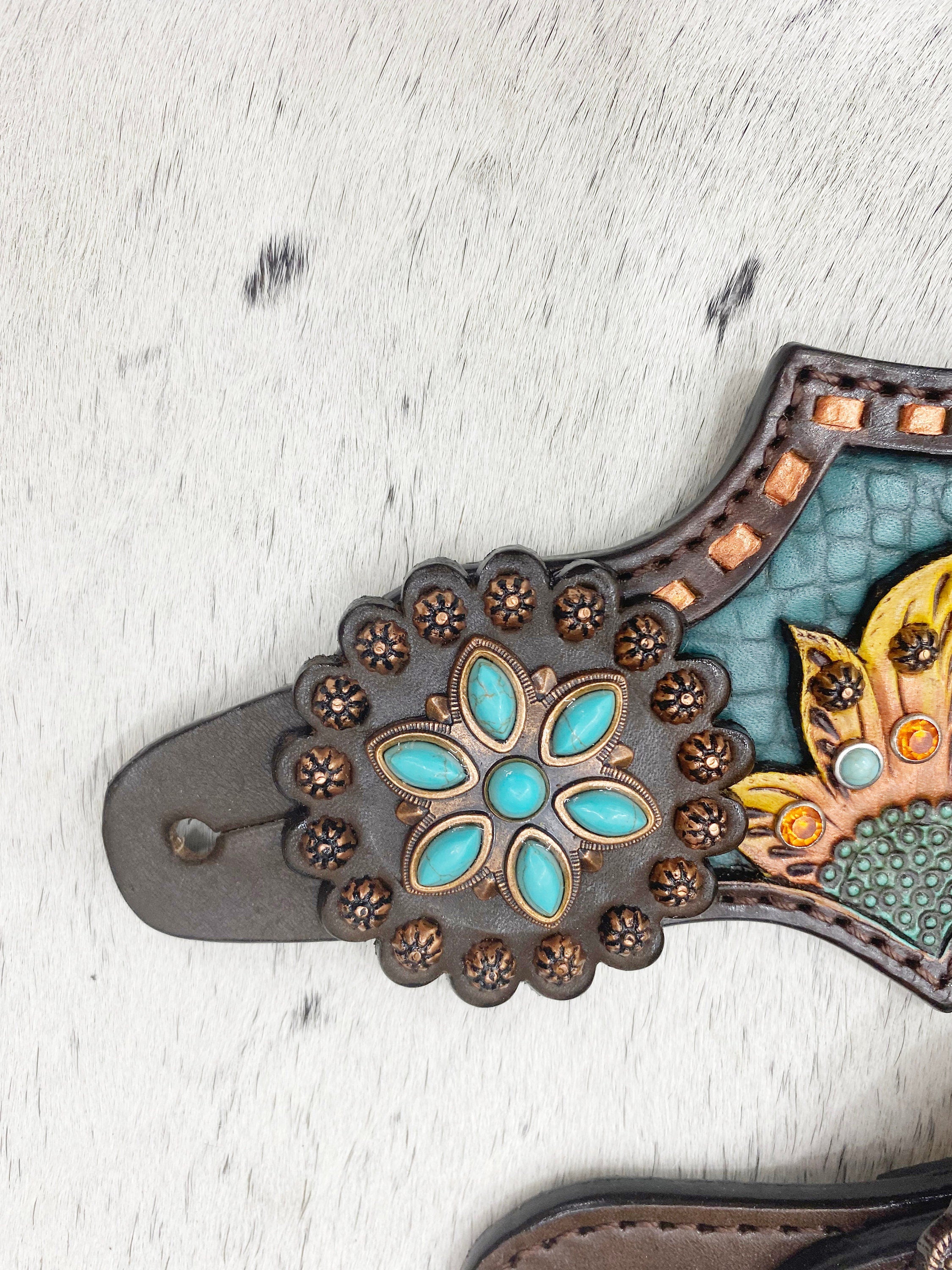 MOUSM Western Spur Straps – Argentina Cow Leather Ladies Spur Straps Decorated with Engraved Sunflower, Alligator-Pattern Inlay, Turquoise Stone Accents & Antique Nickel Hardware