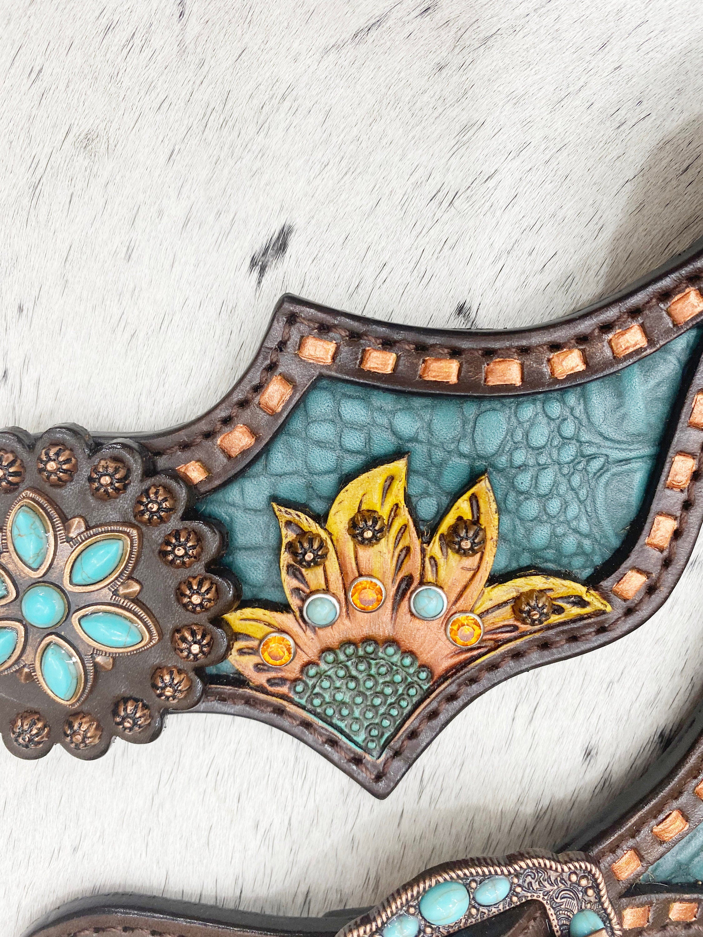 MOUSM Western Spur Straps – Argentina Cow Leather Ladies Spur Straps Decorated with Engraved Sunflower, Alligator-Pattern Inlay, Turquoise Stone Accents & Antique Nickel Hardware