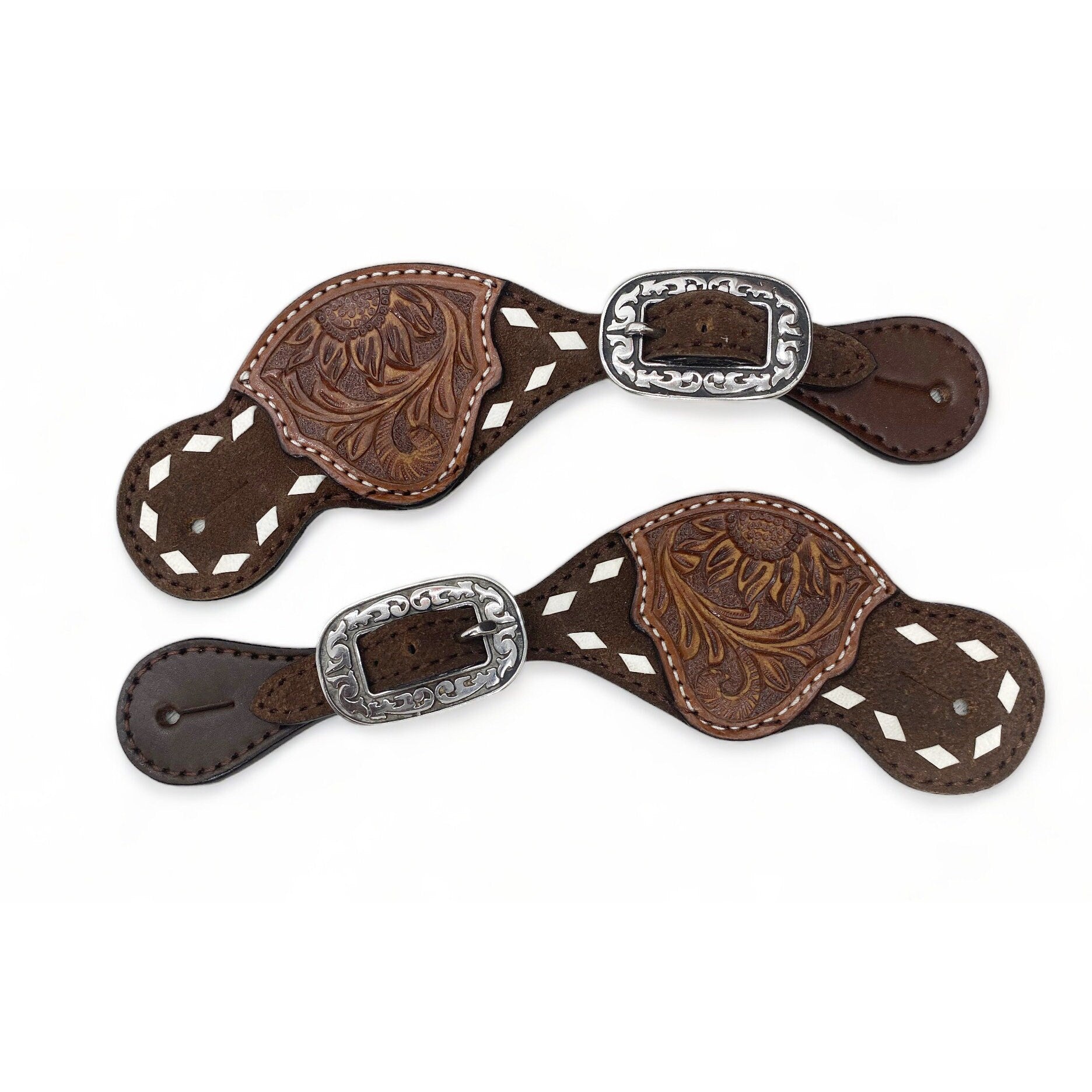 MOUSM Western Spur Straps – Ladies Argentina Cow Leather Spur Straps Decorated with Hand-Tooled Sunflower, White Buck Stitching & Antique Nickel Hardware