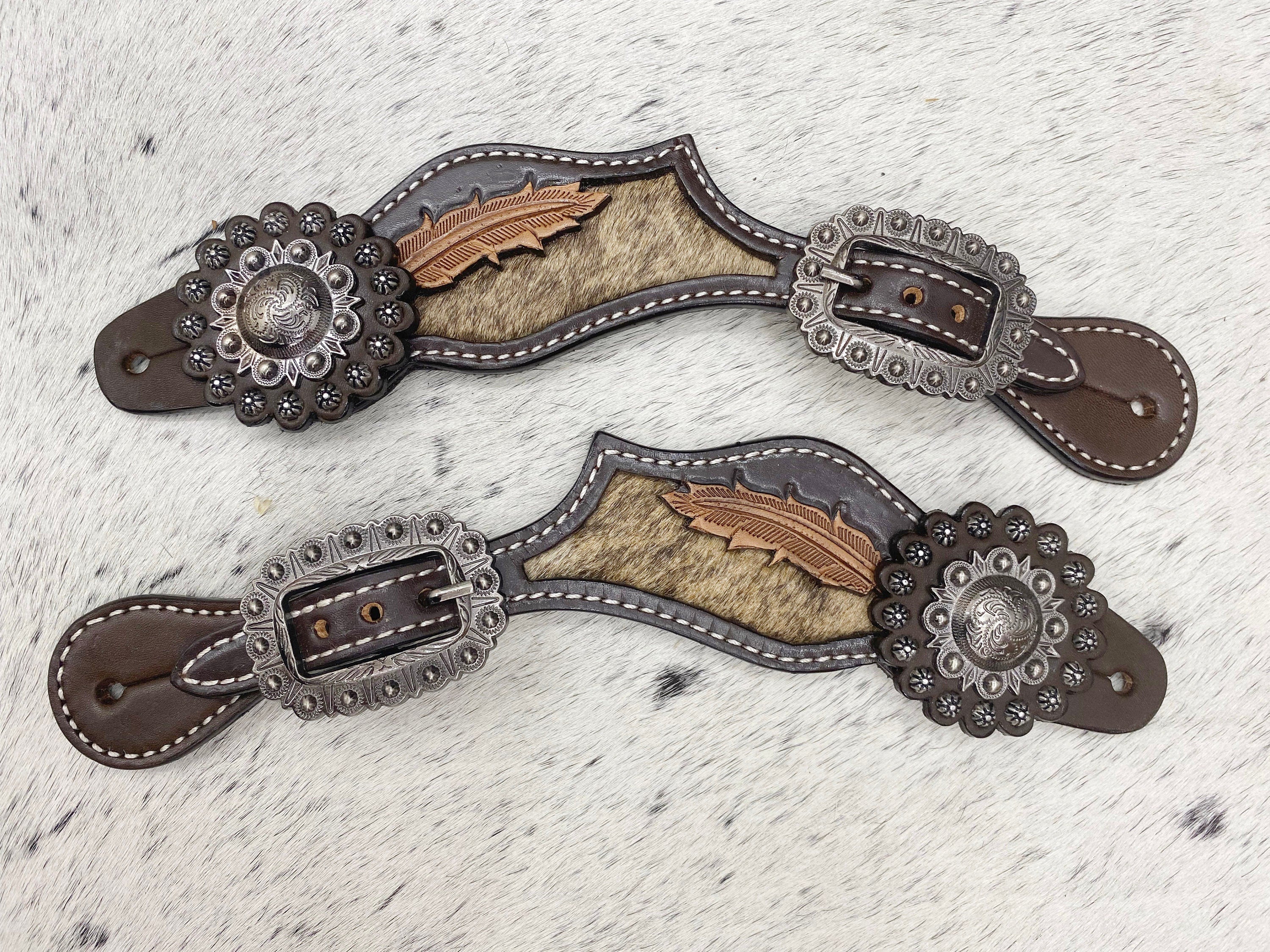 MOUSM Western Spur Straps – Ladies Argentina Cow Leather Spur Straps with Western Leather Leaf Design on Cowhide Inlay, Metal Concho & Antique Nickel Hardware