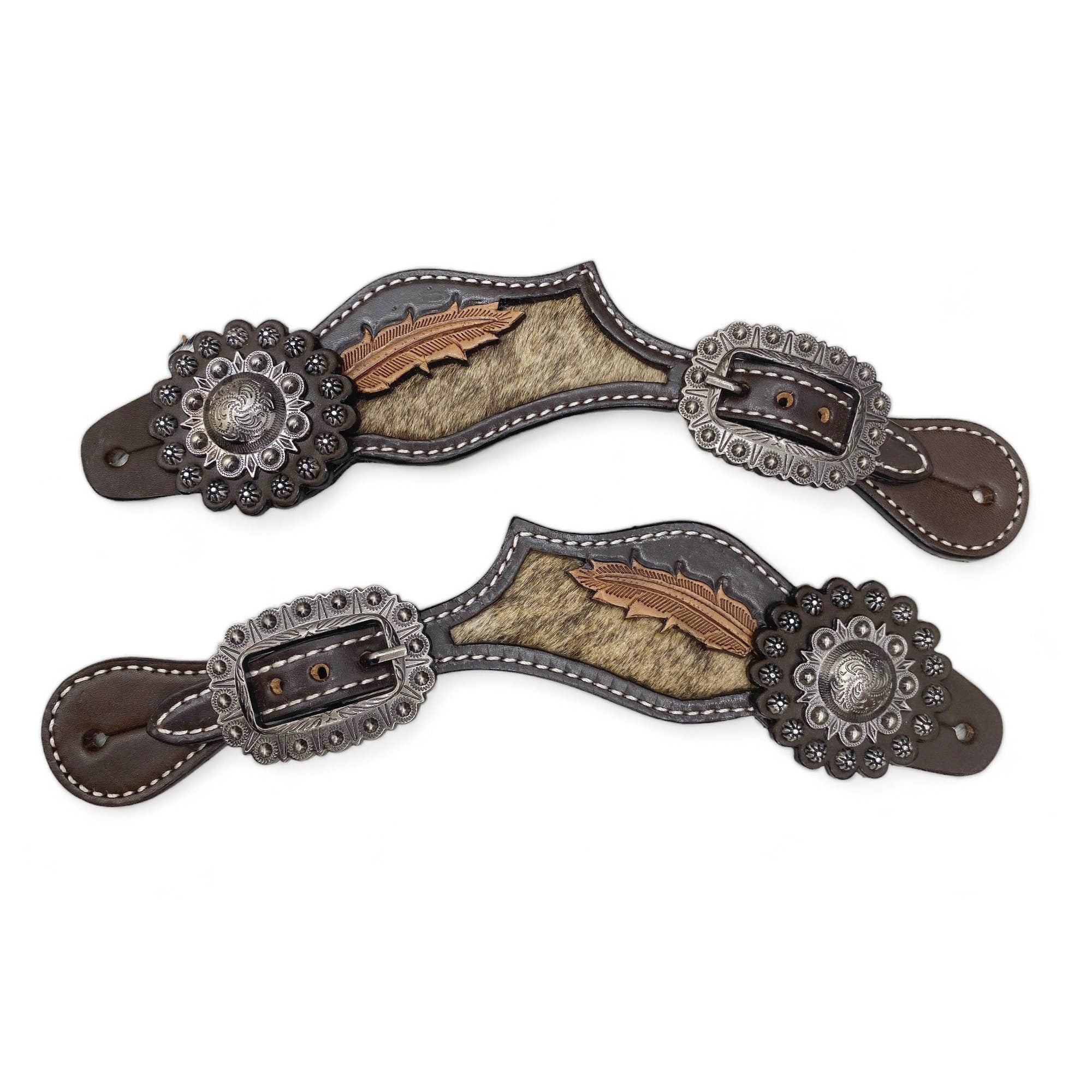 MOUSM Western Spur Straps – Ladies Argentina Cow Leather Spur Straps with Western Leather Leaf Design on Cowhide Inlay, Metal Concho & Antique Nickel Hardware